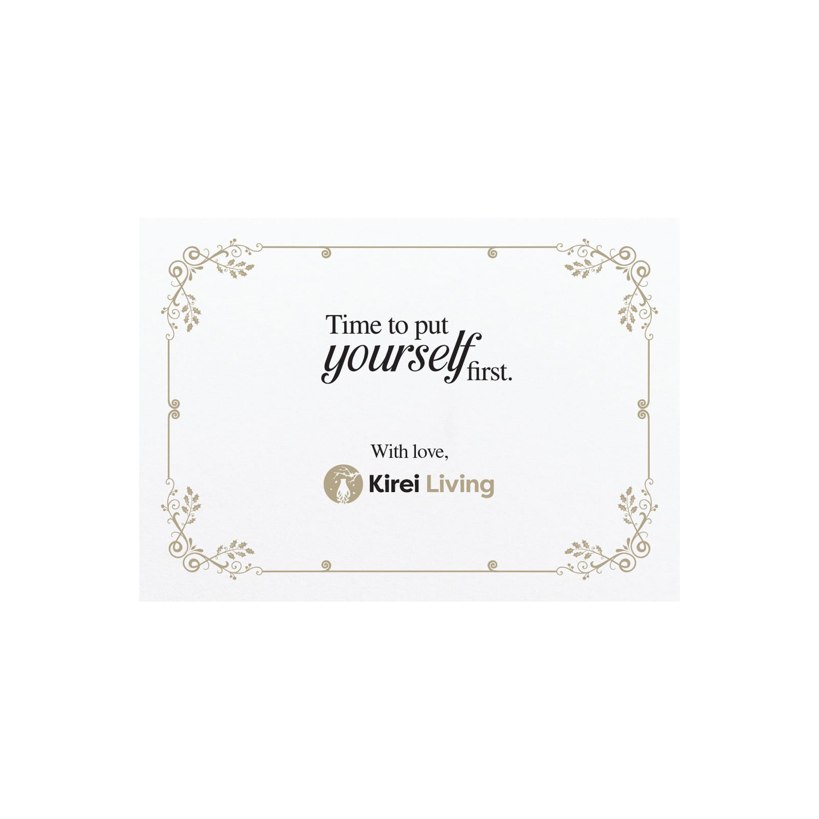 A decorative card featuring a quote about self-care, with elegant flourishes and a brand logo at the bottom.