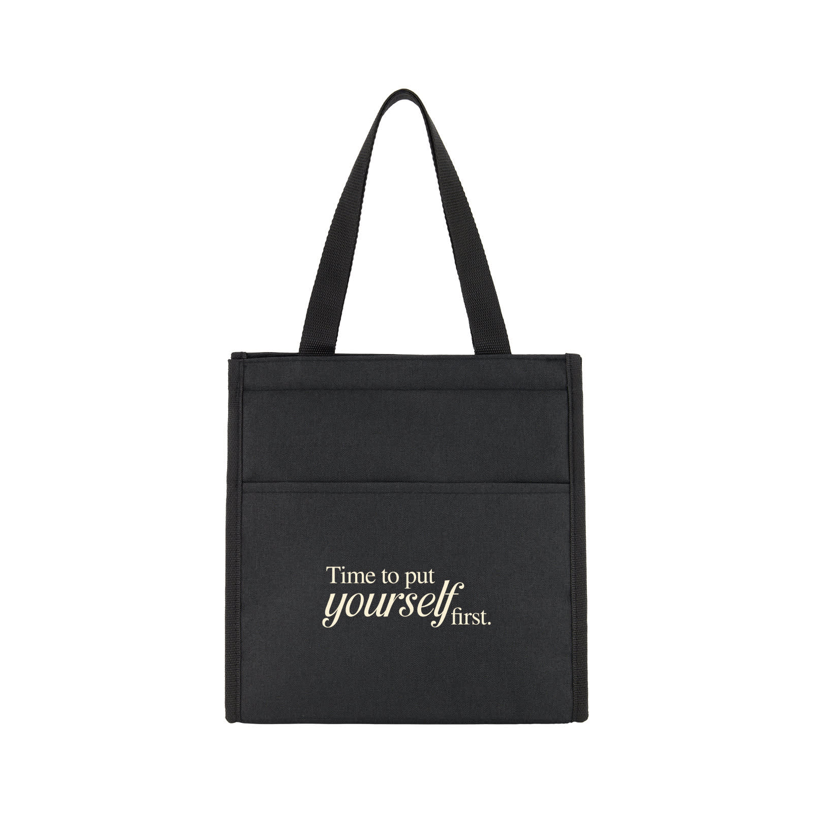A black cooler bag with two front pockets and a branded logo, featuring the phrase "Time to put yourself first."