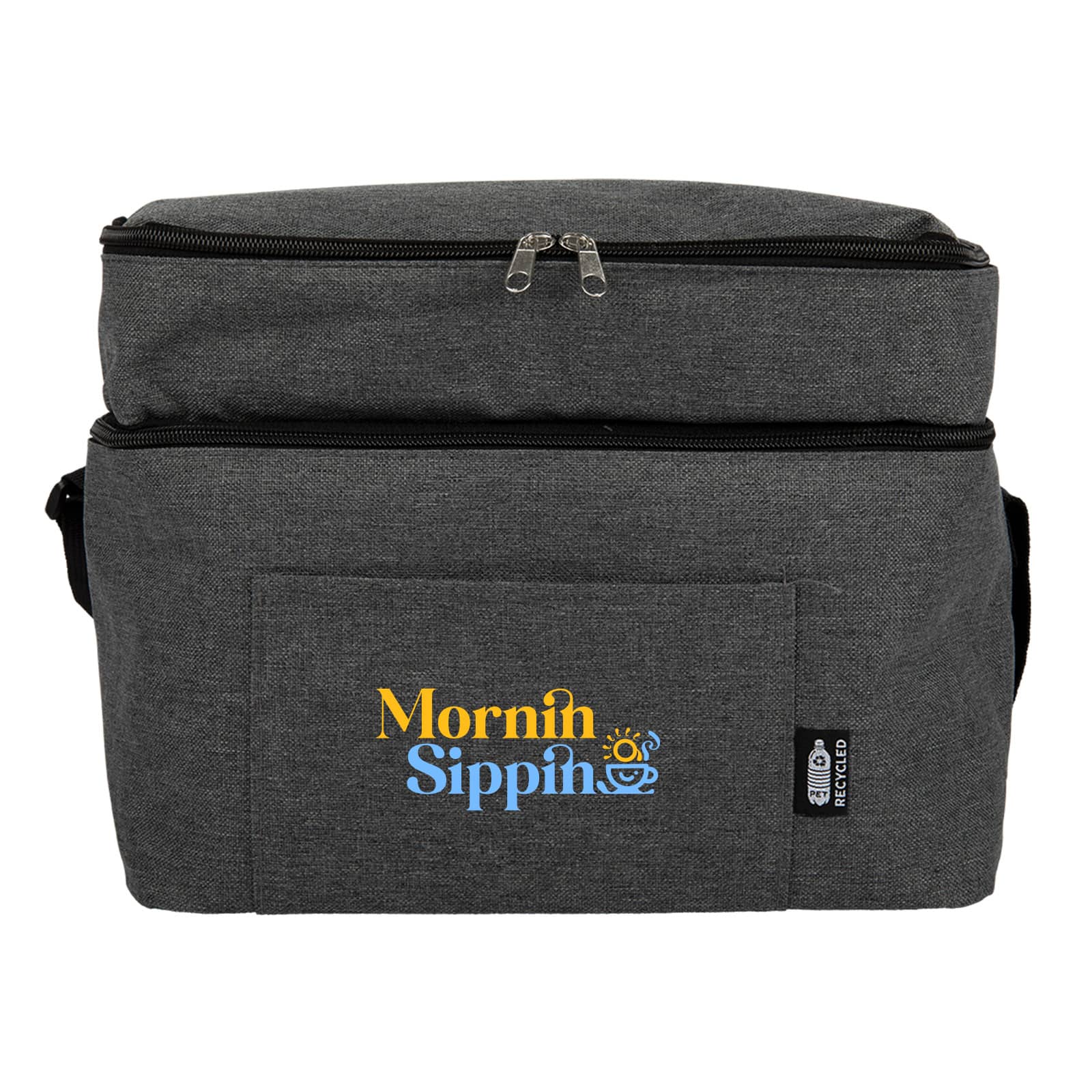 A grey insulated lunch bag with a front pocket and a logo featuring colourful text.