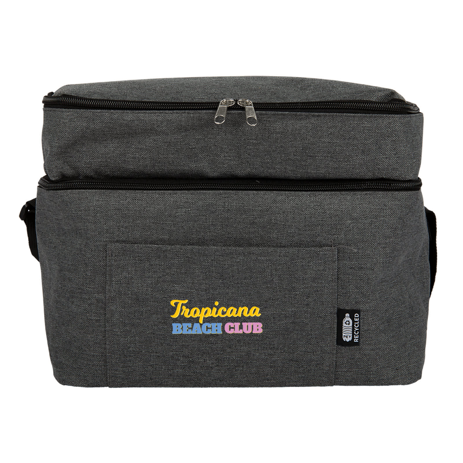 A drink bottle cooler bag in grey fabric with a zipped top and a front pocket. It features a logo.