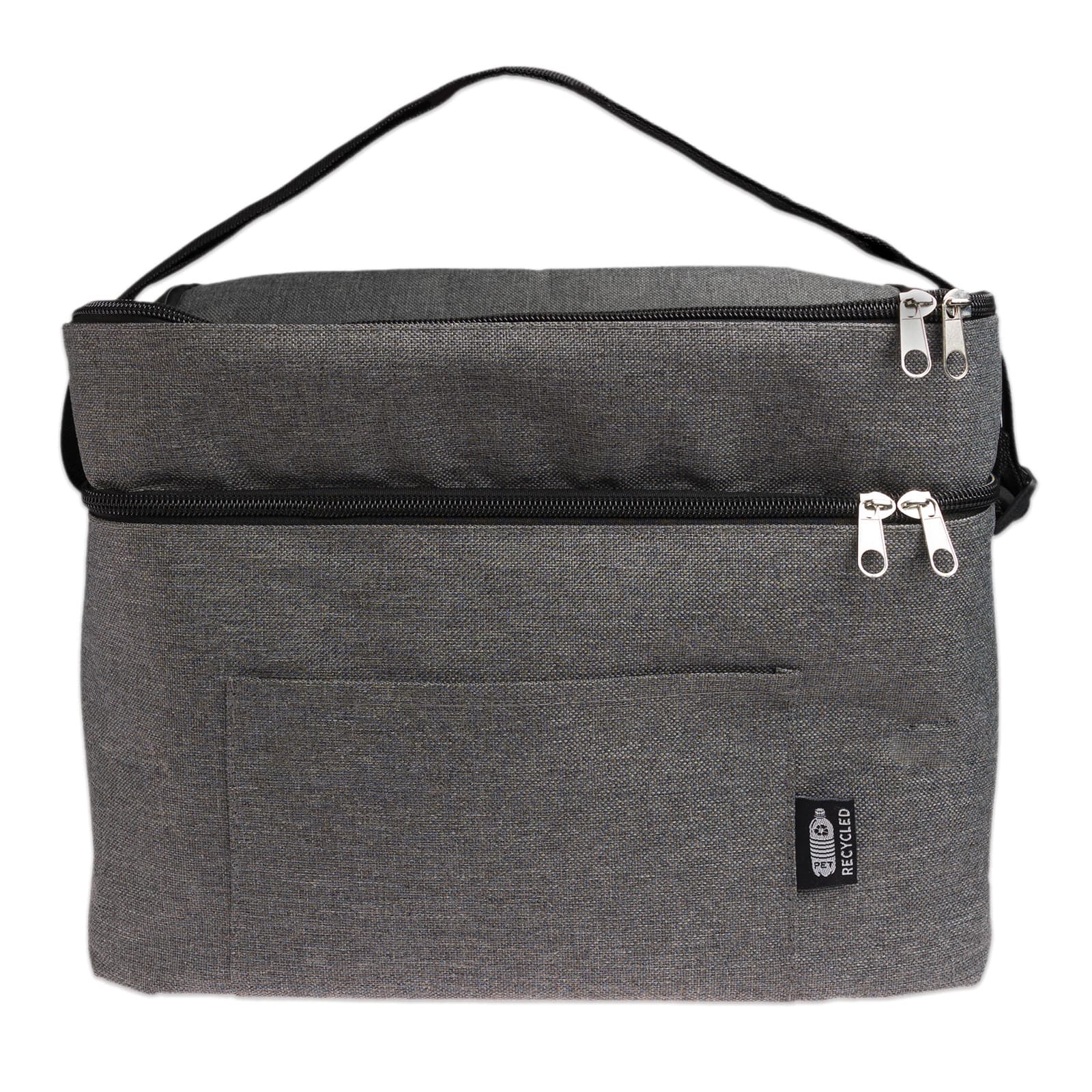 A grey zippered bag with a handle, featuring a front pocket and a logo on the side.