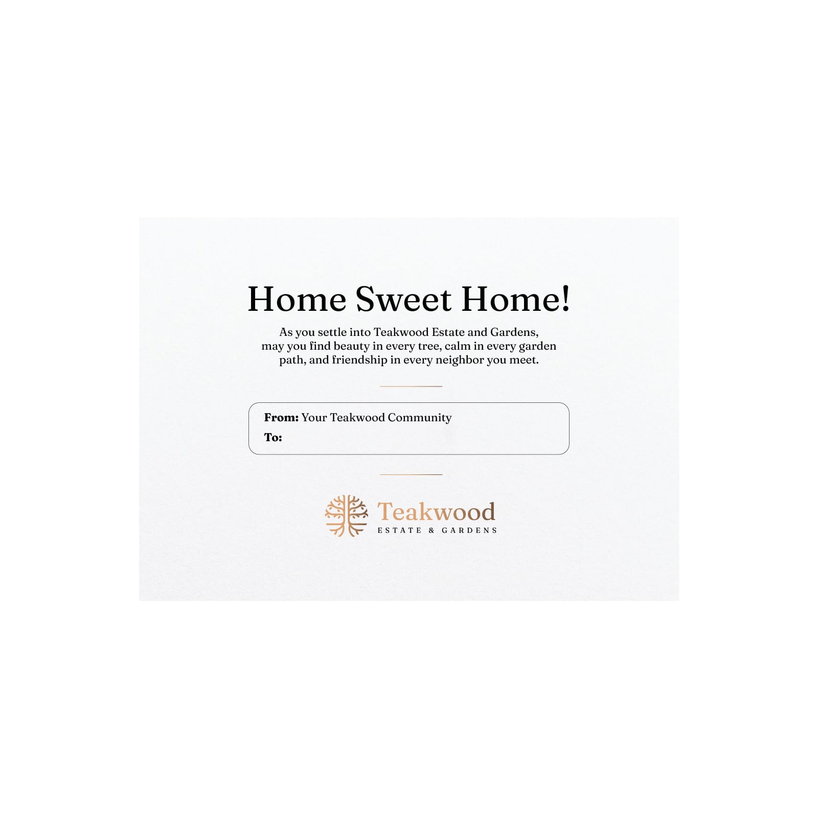 A decorative card featuring a welcoming message and a logo, with a clean design and subtle colours.