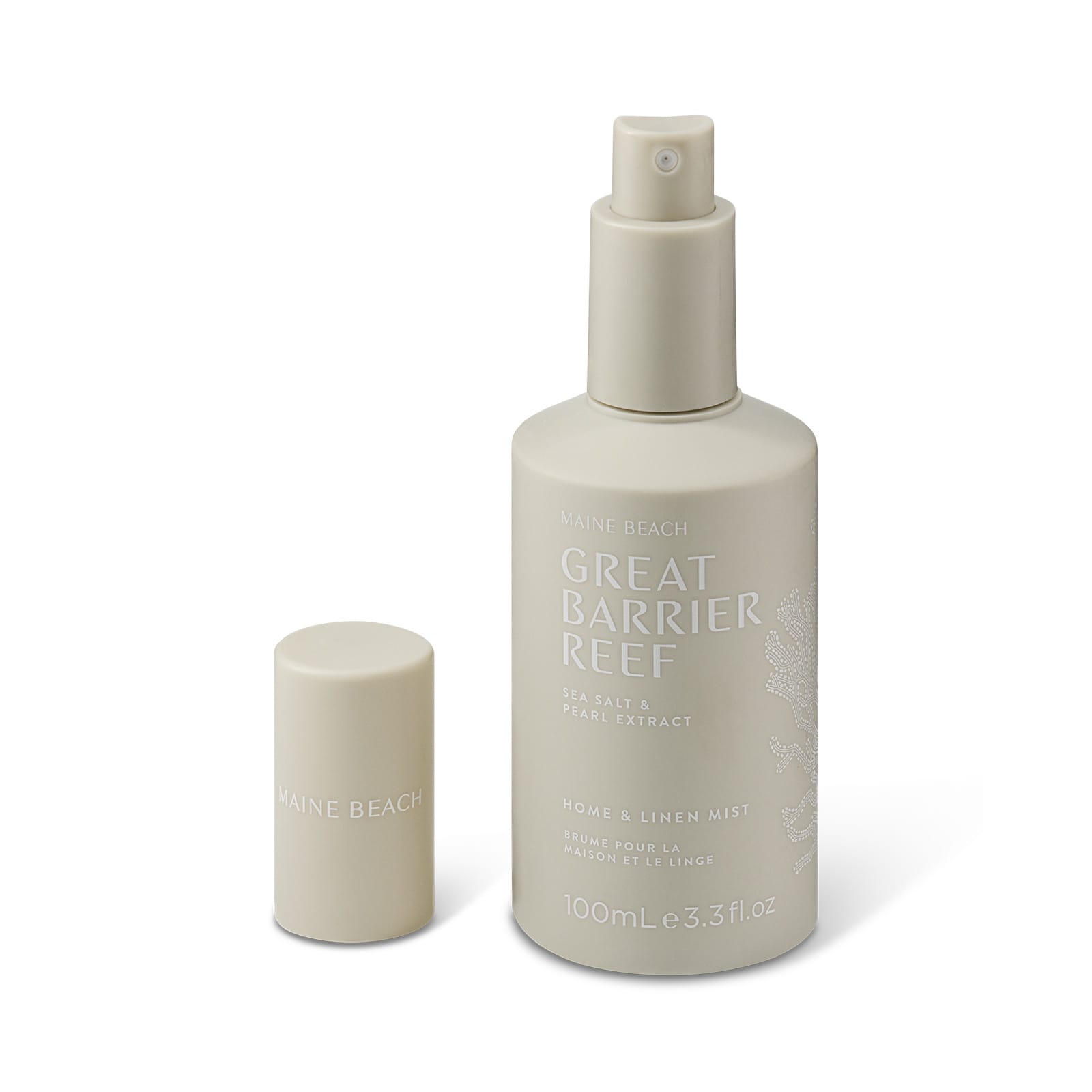 A spray bottle of home and linen mist in a soft beige colour, featuring a cap and a logo.