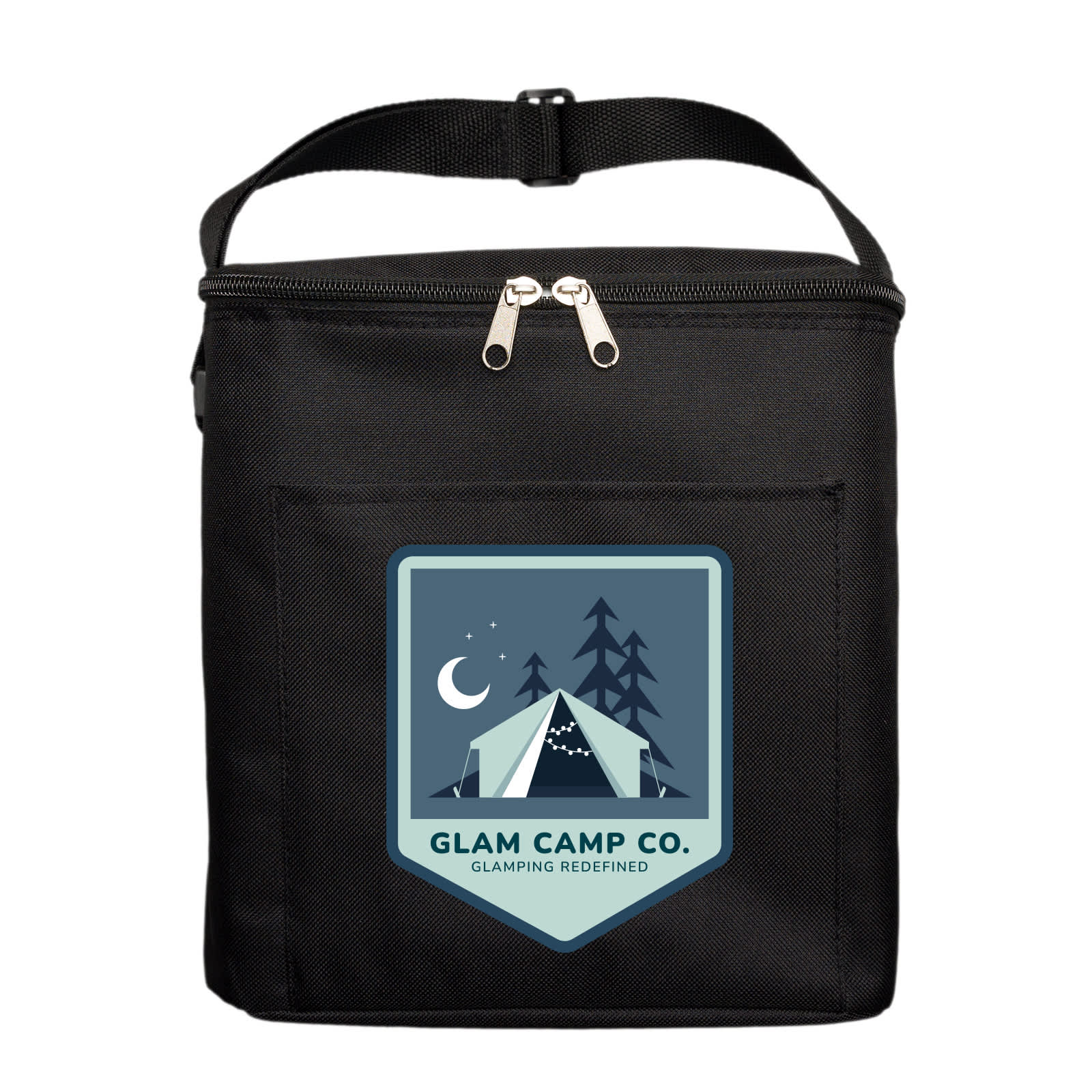 A black insulated cooler bag with a zip closure and a front pocket, featuring a logo of a tent.