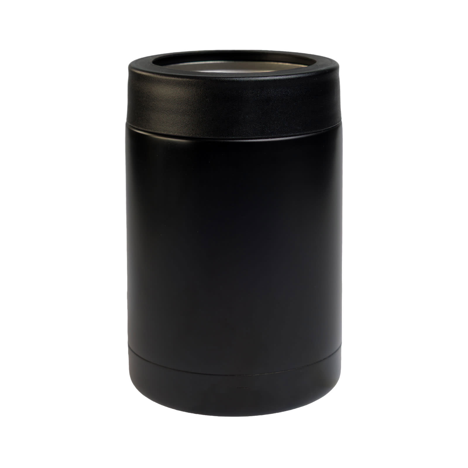 A black insulated drink bottle with a sleek design and a secure lid, suitable for outdoor activities.