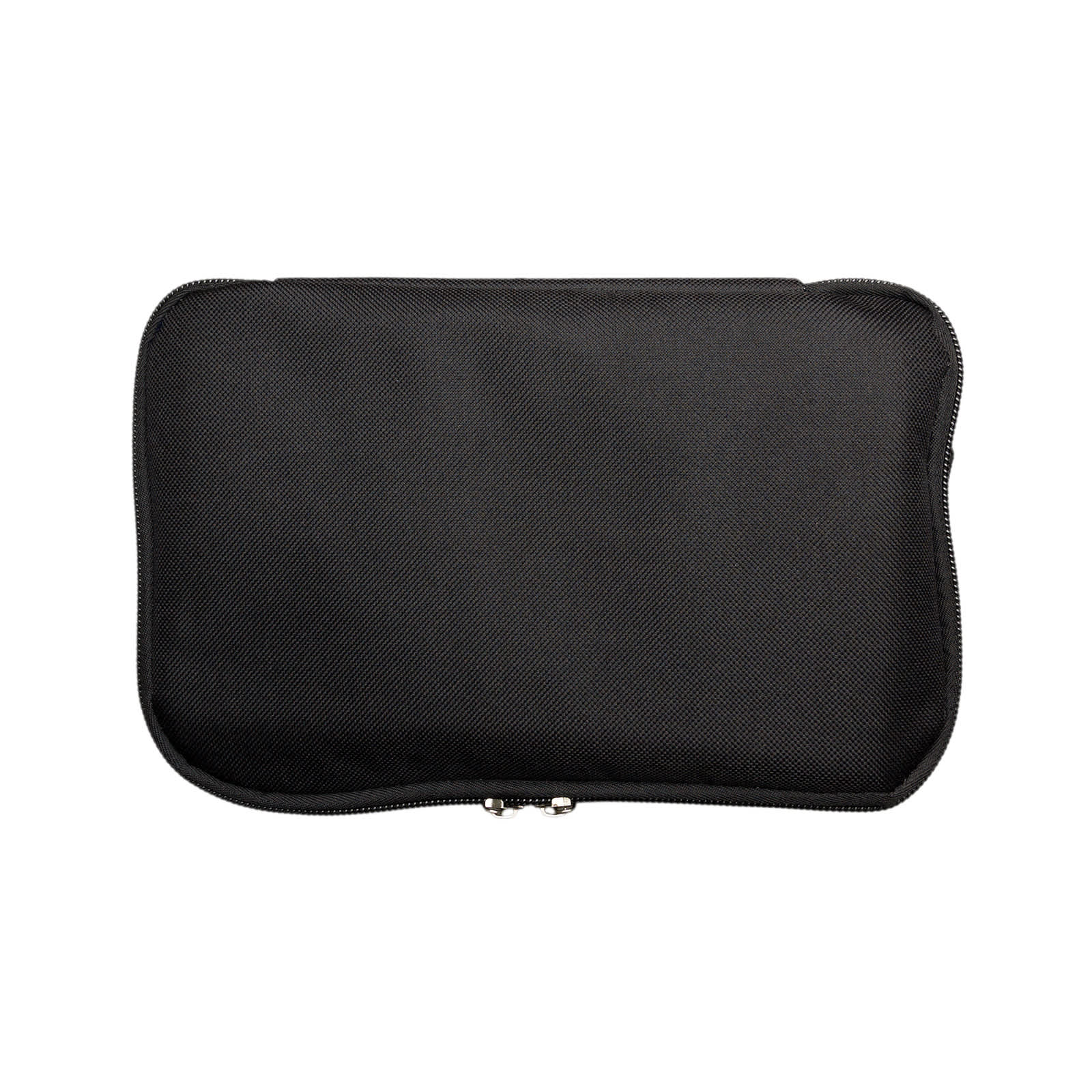 A black, zippered pouch with a smooth fabric exterior, featuring a simple design and no visible branding.