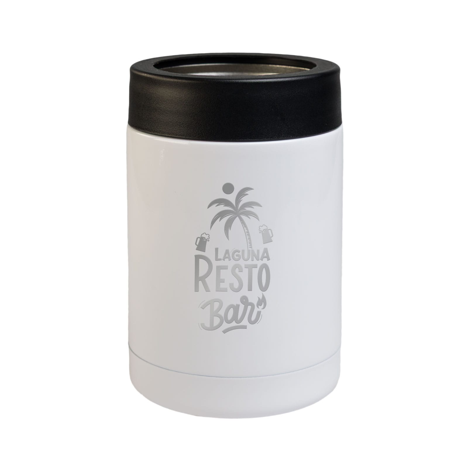 A white insulated drink container with a black lid, featuring a logo and a tropical palm tree design.