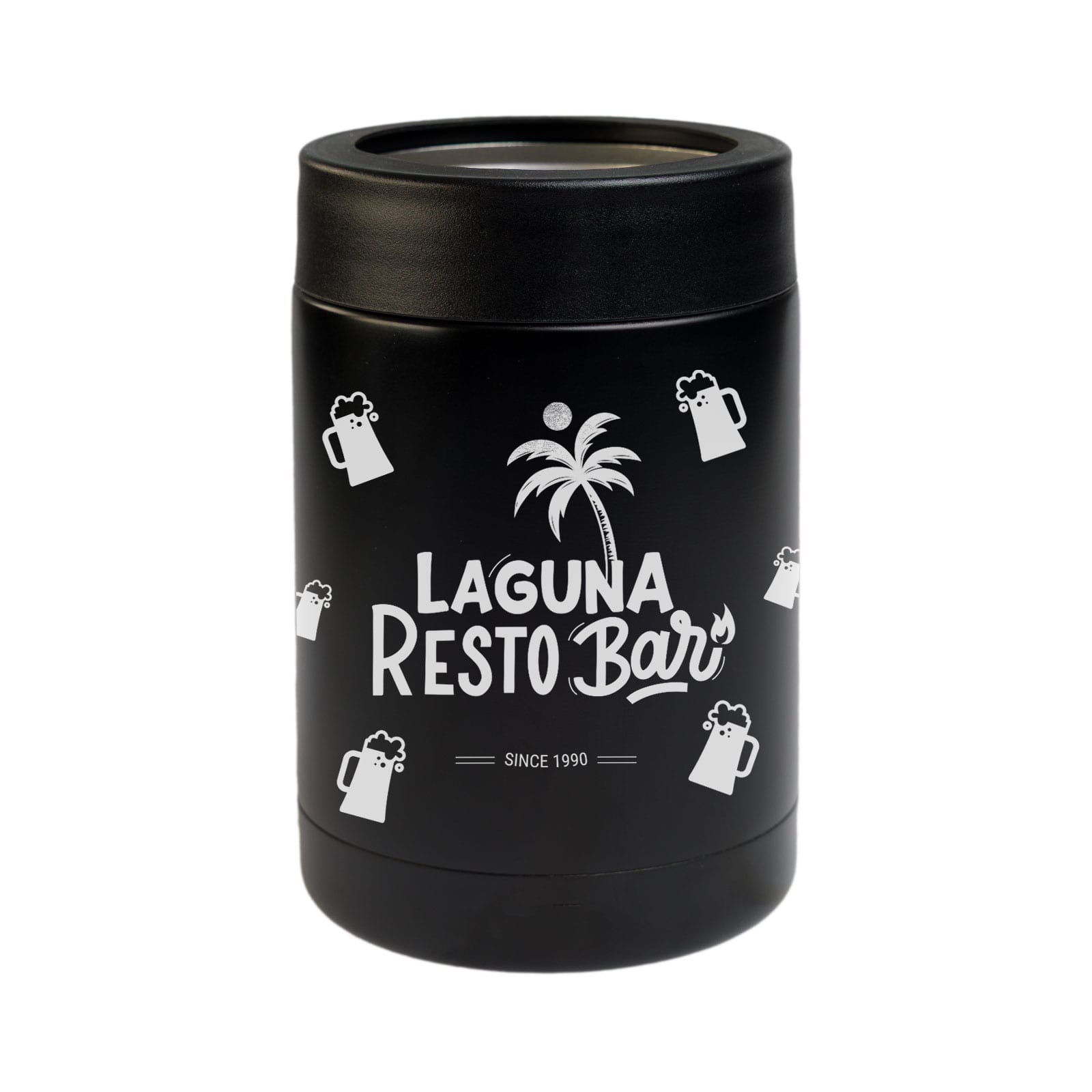 A black drink bottle with a palm tree design and a logo. Features illustrations of beer mugs around it.