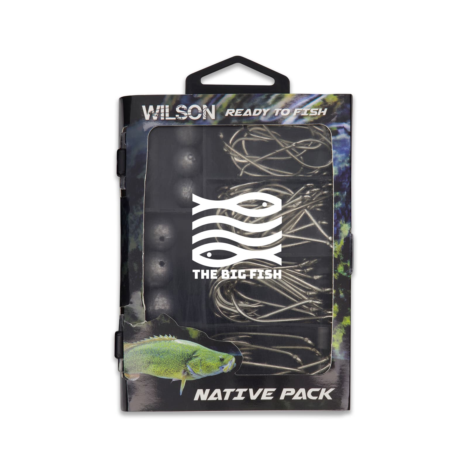 A fishing tackle pack with silver hooks, sinkers, and a logo, featuring a water-themed background.