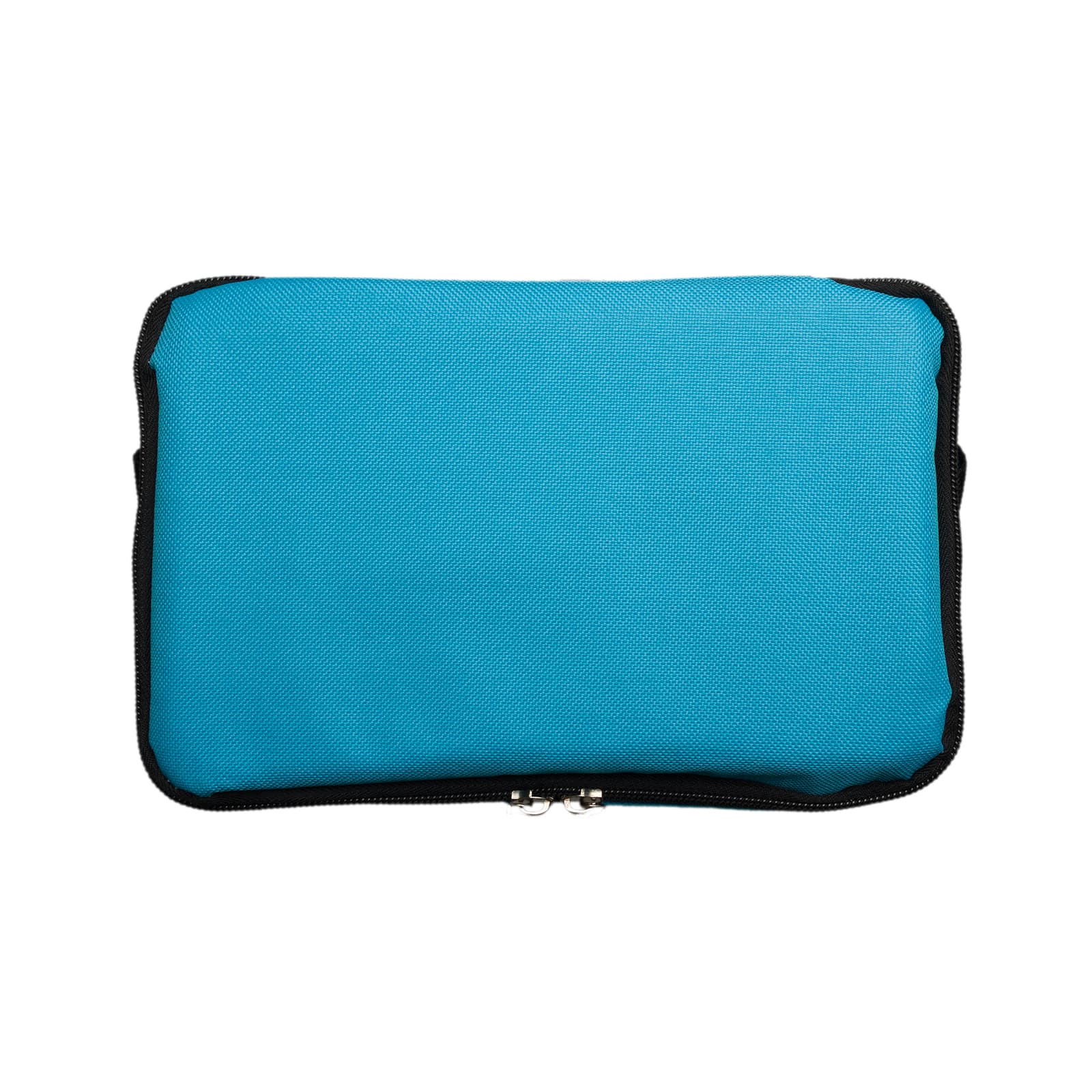 A turquoise zippered pouch with a black border, featuring a logo on the surface.