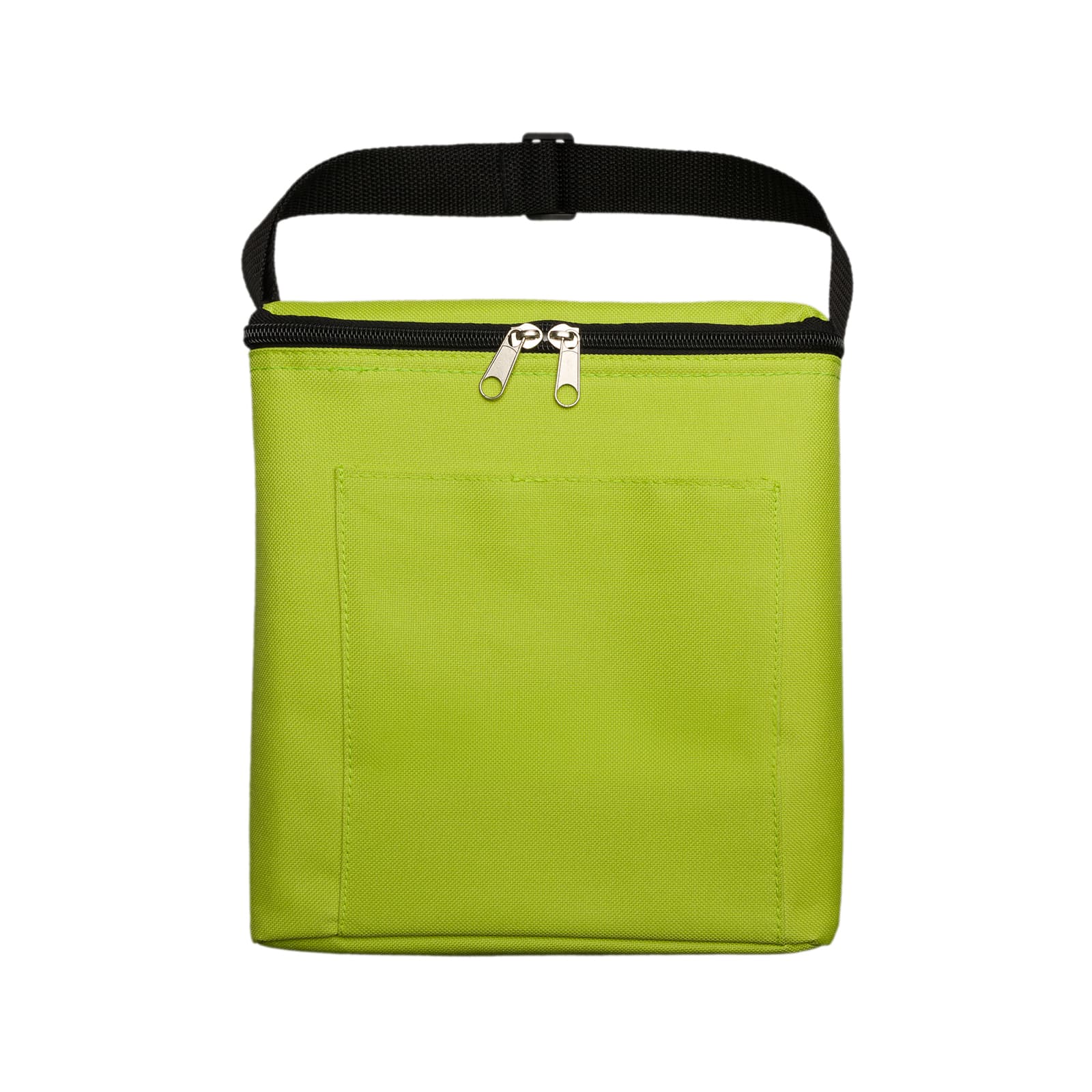 A green insulated bag with a zip closure and a front pocket, featuring a handle on top.