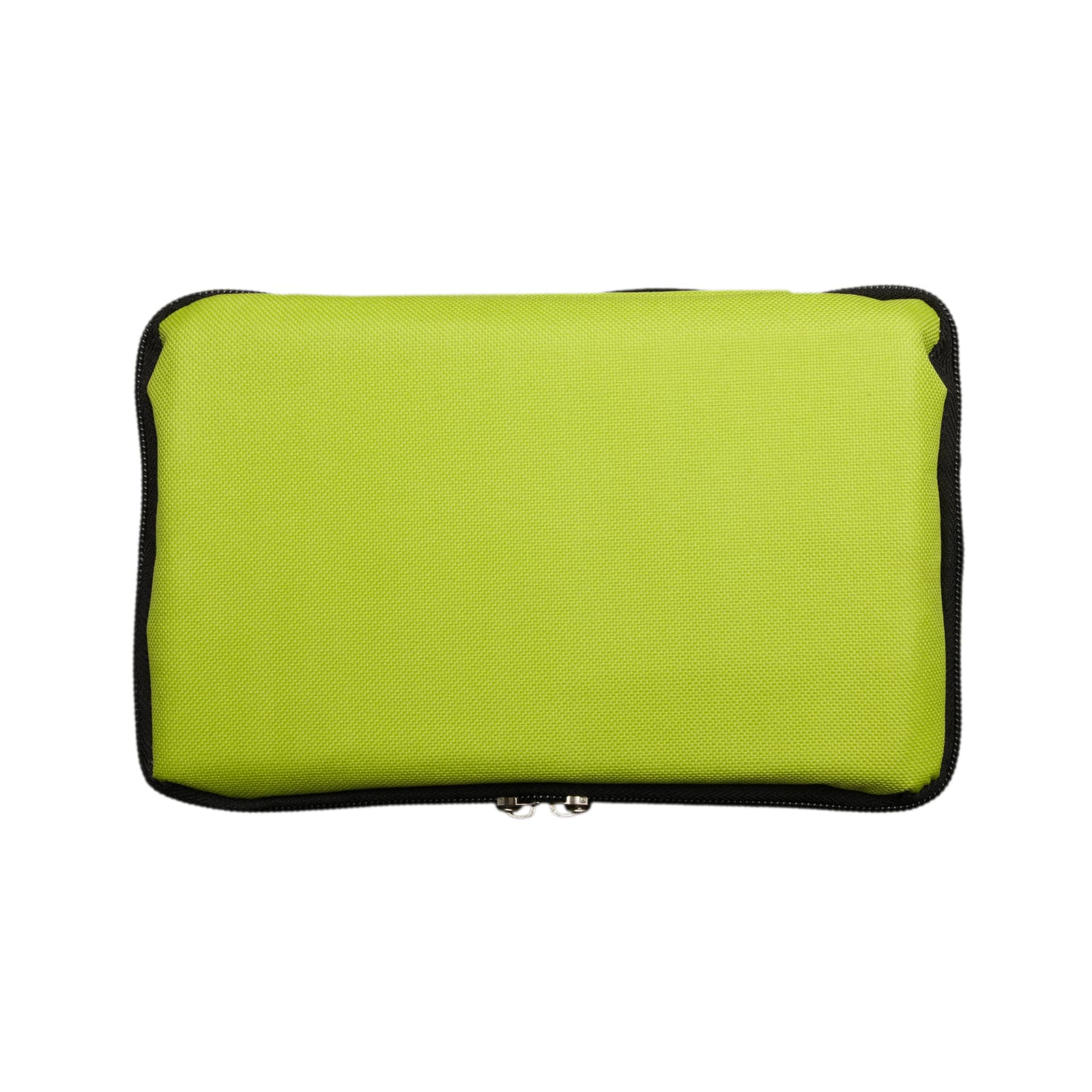 A green zippered pouch made of durable fabric, featuring a black trim and a simple design.