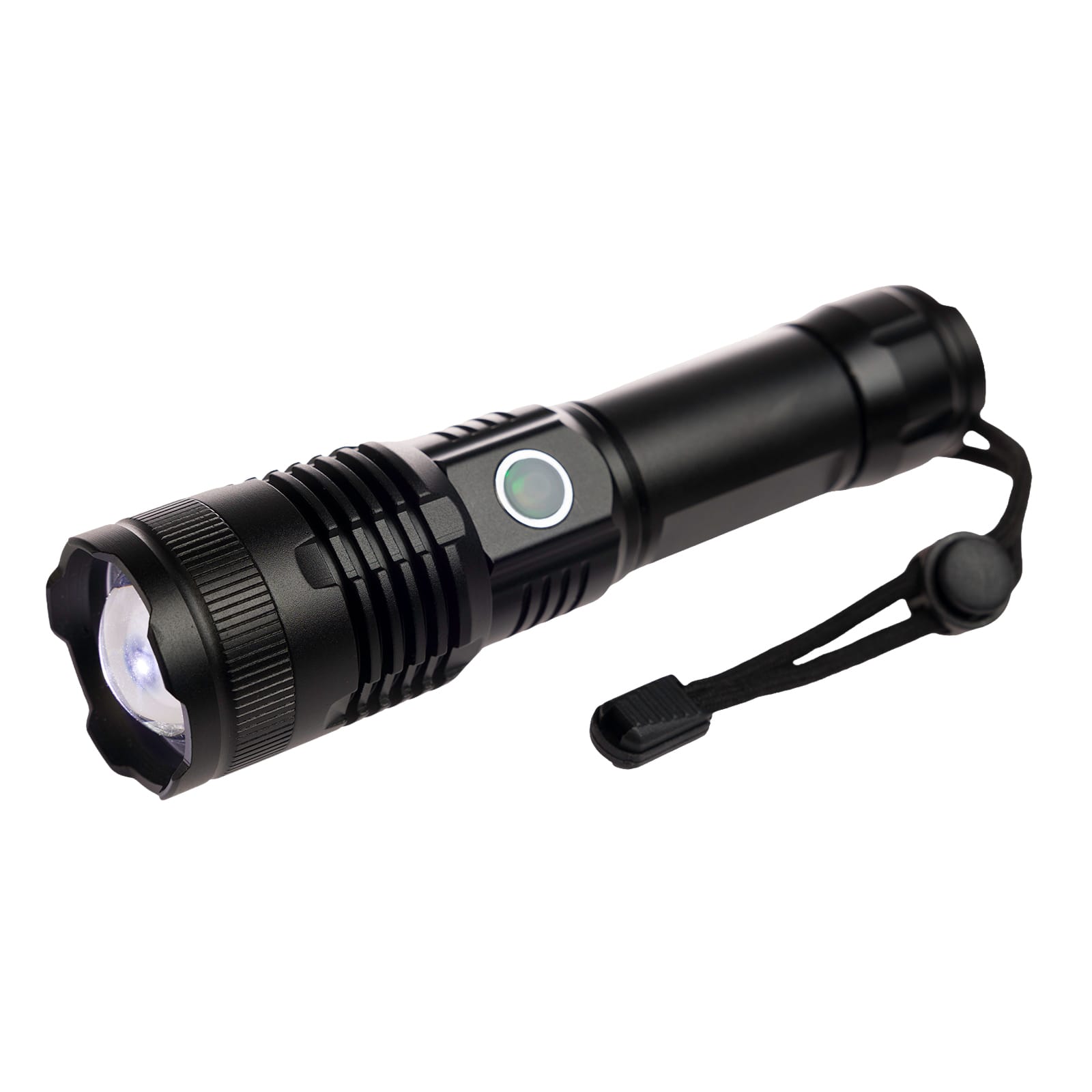 A black flashlight with a textured grip, featuring a strap and a push-button switch. It has a sleek design and a bright lens.