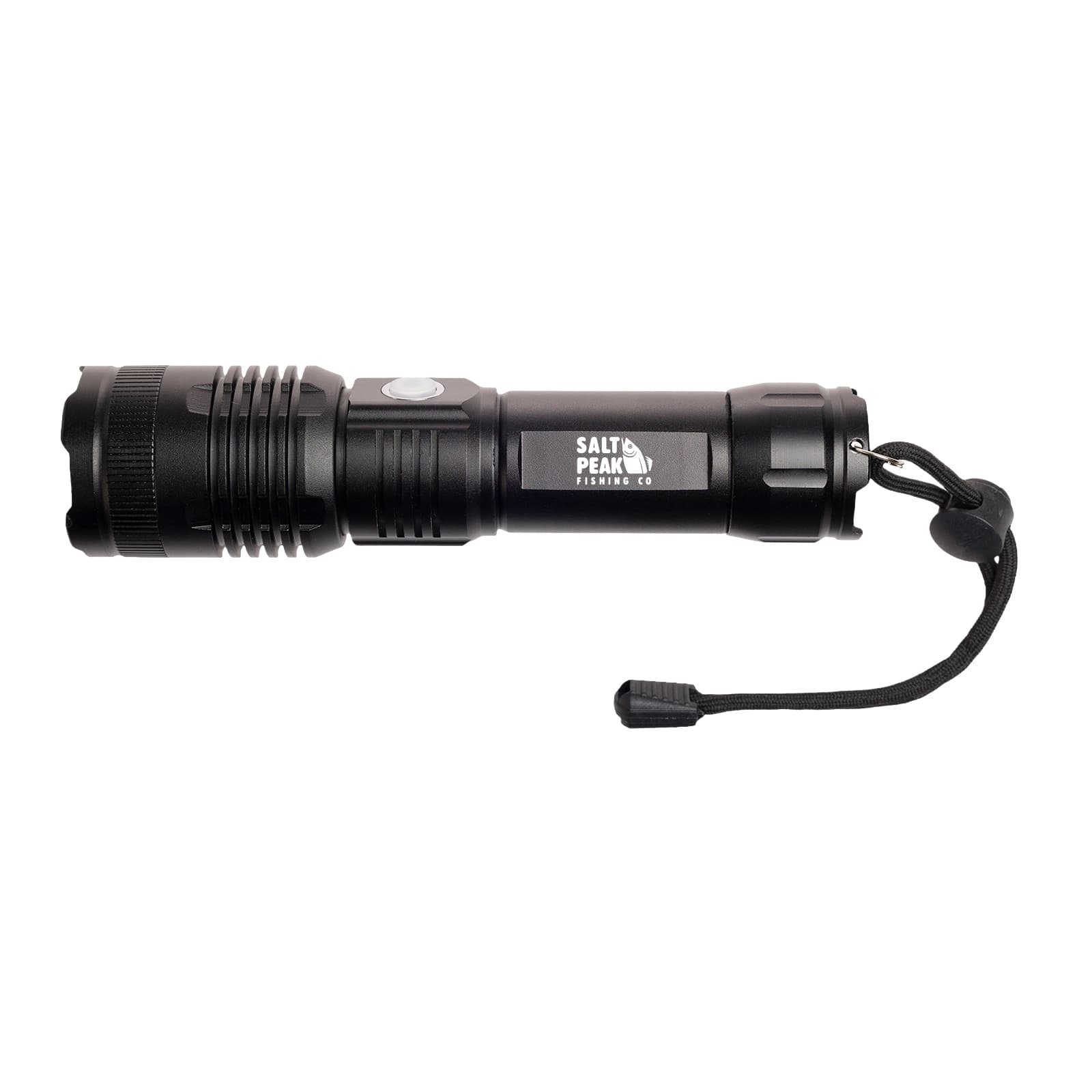 A black torch with a textured grip and a strap. It features a logo and is designed for outdoor use.