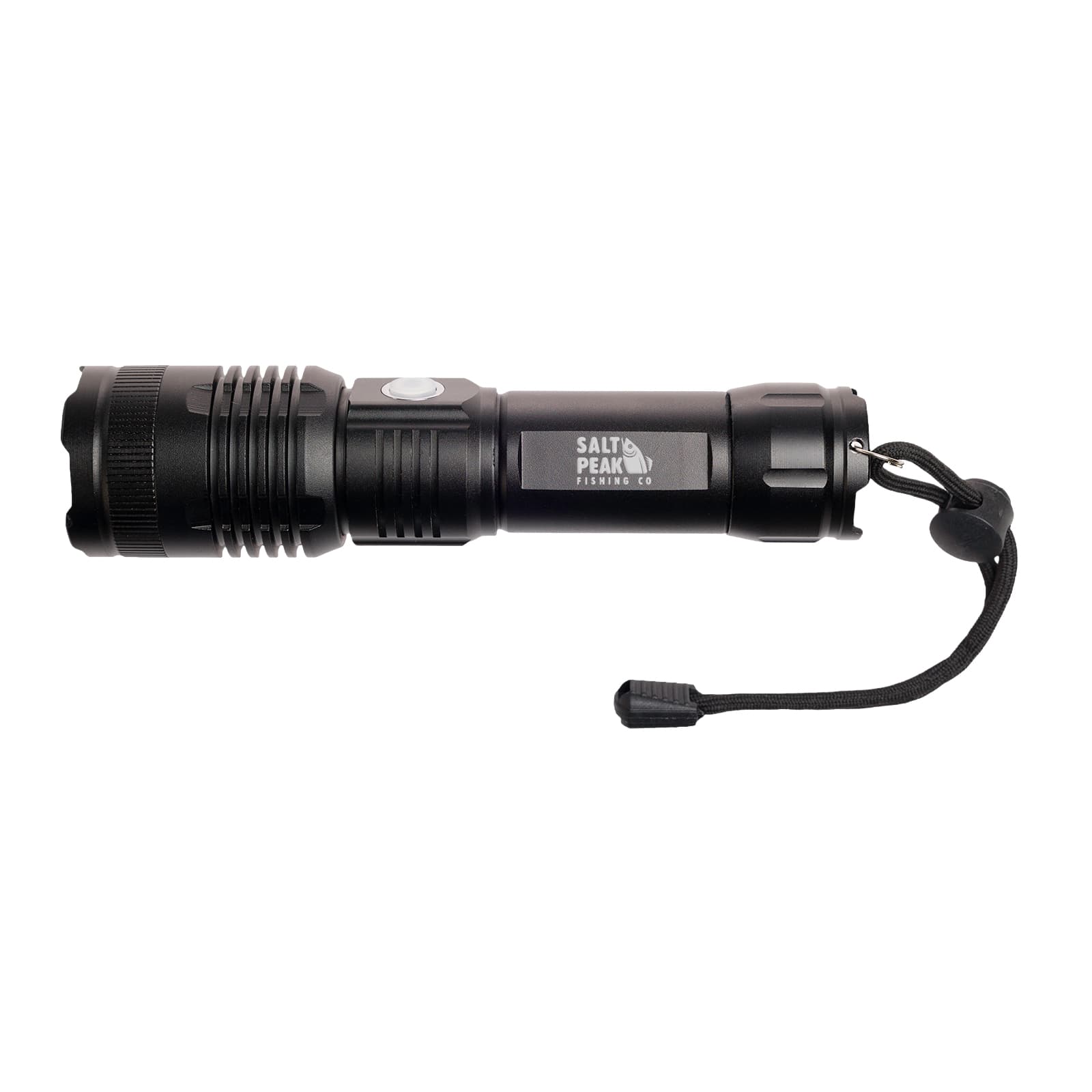 A black torch with a textured grip and a wrist strap. It features a brand logo on the side.