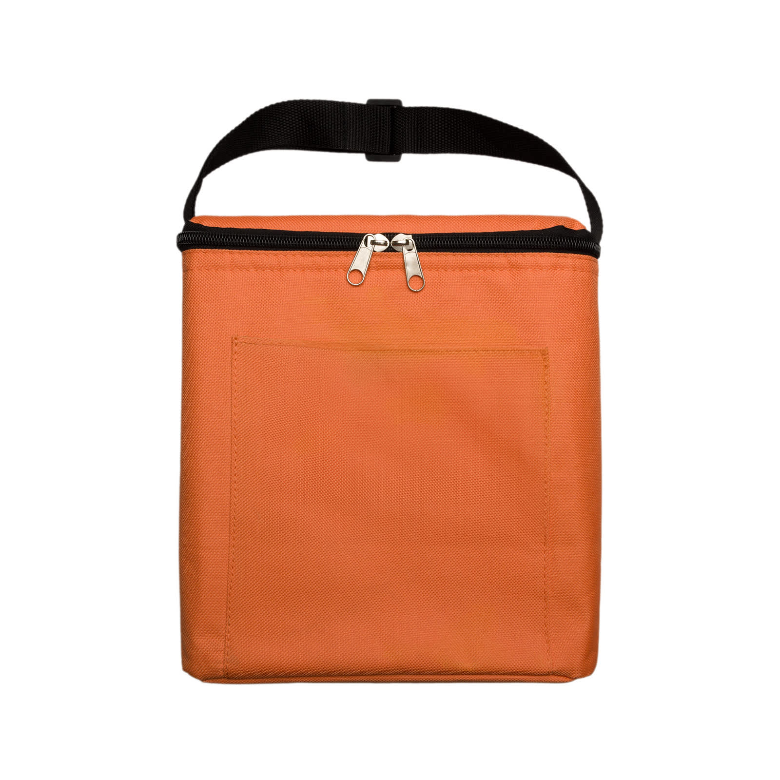 An orange zippered bag with a handle and a front pocket. Features a simple design for outdoor use.
