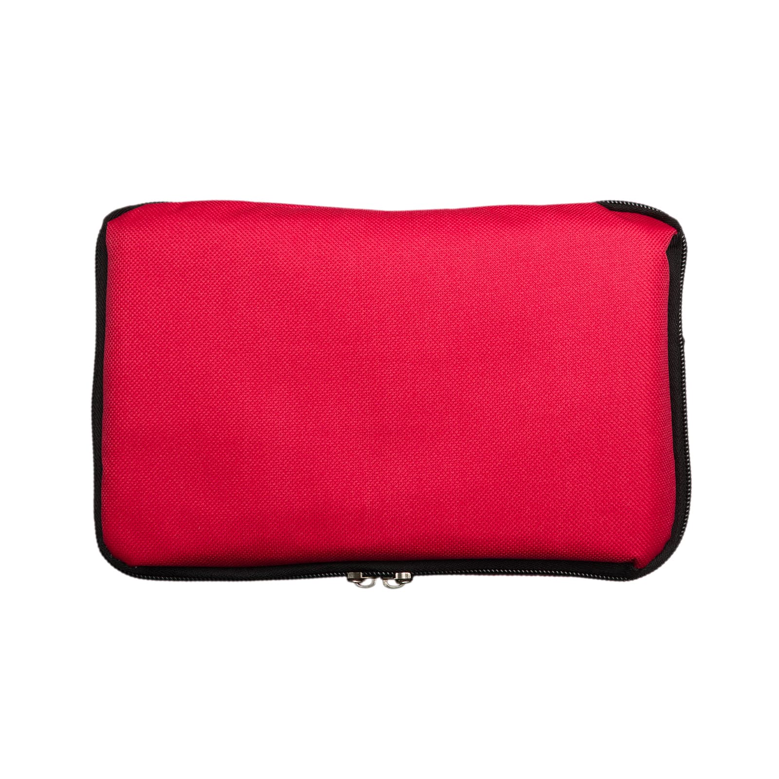 A red zippered pouch with a black trim, designed for outdoor and leisure activities. It features a logo.
