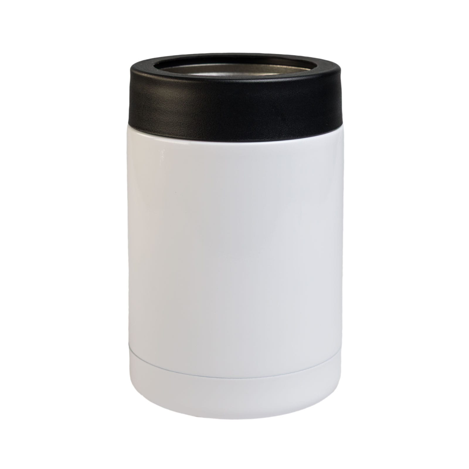 A white drink bottle with a black lid, featuring a sleek design and a logo. Ideal for outdoor activities.