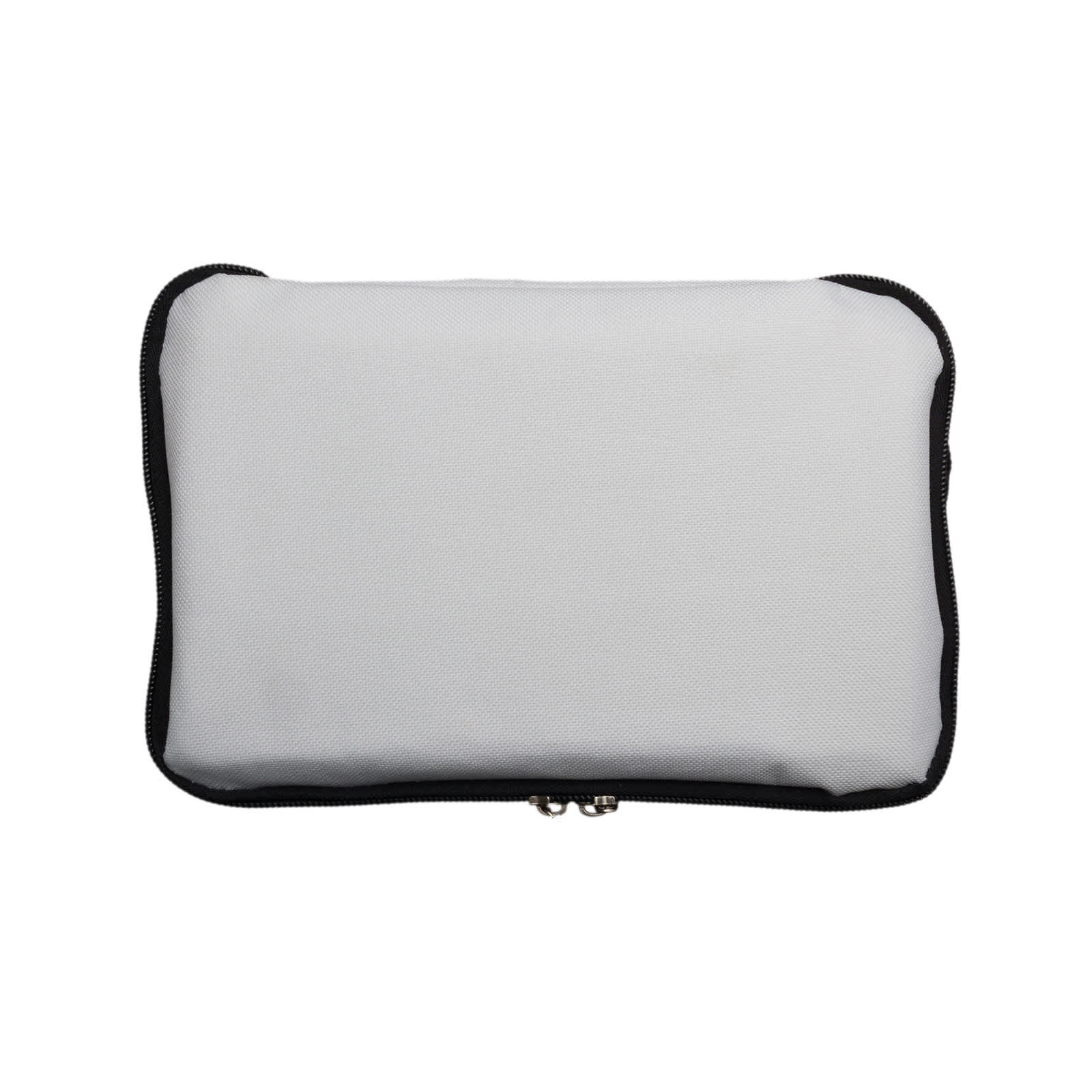 A grey zippered pouch with a black trim, featuring a plain exterior without any visible logos or text.