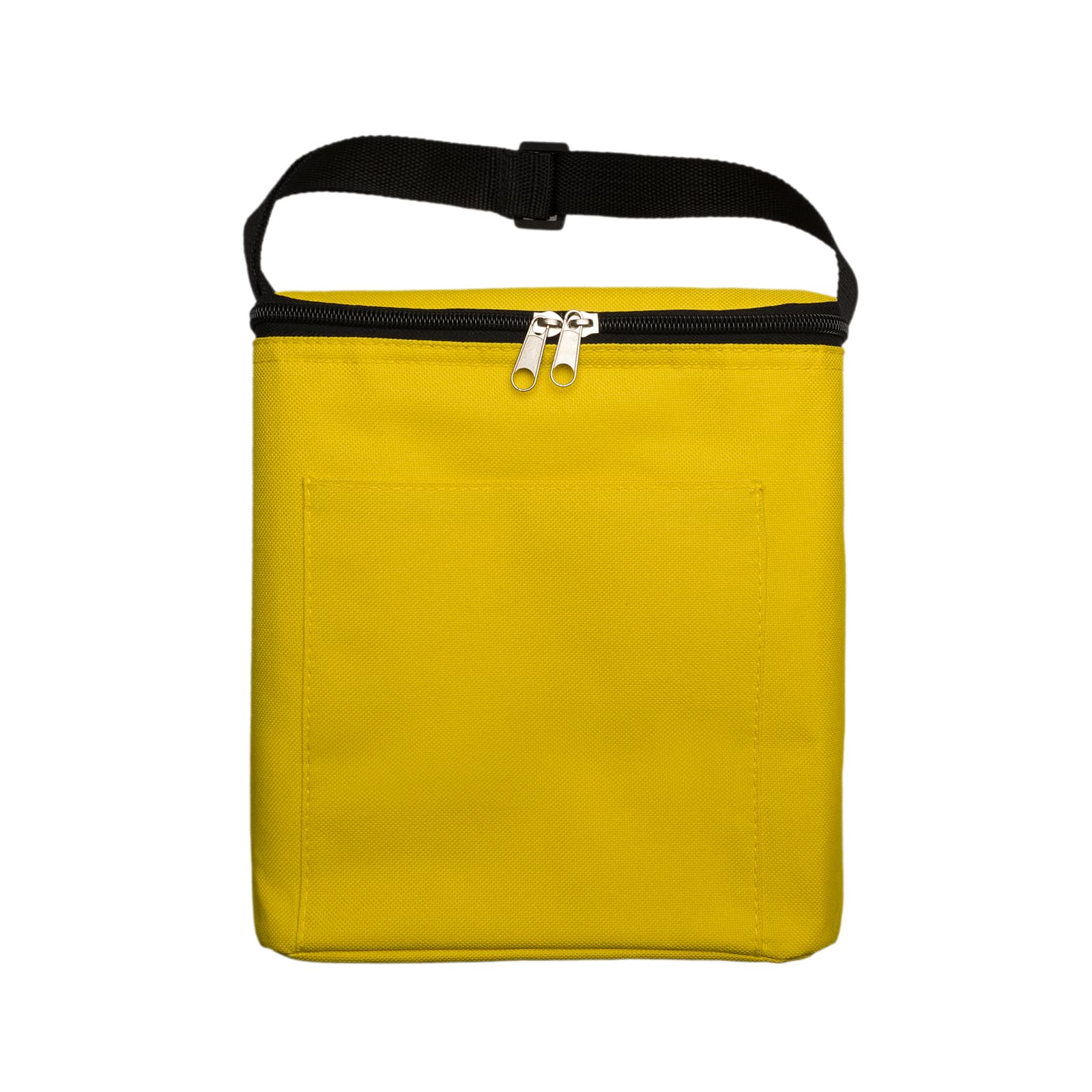 A yellow zippered cooler bag with a front pocket and a black strap, ideal for outdoor use.