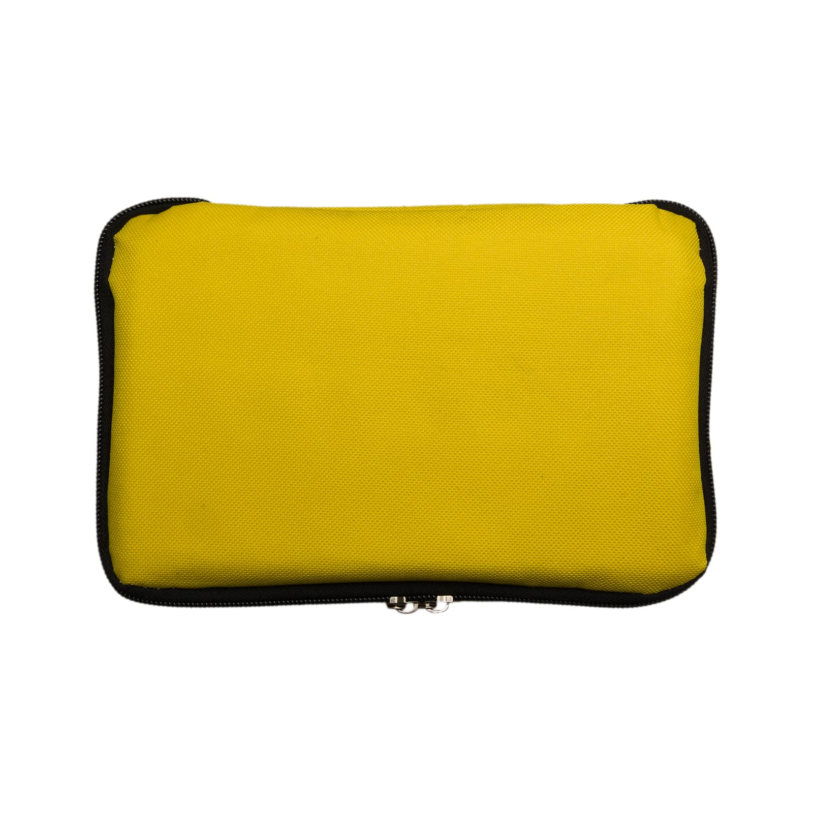 A yellow zippered pouch features a black trim, designed for outdoor use with a logo present.