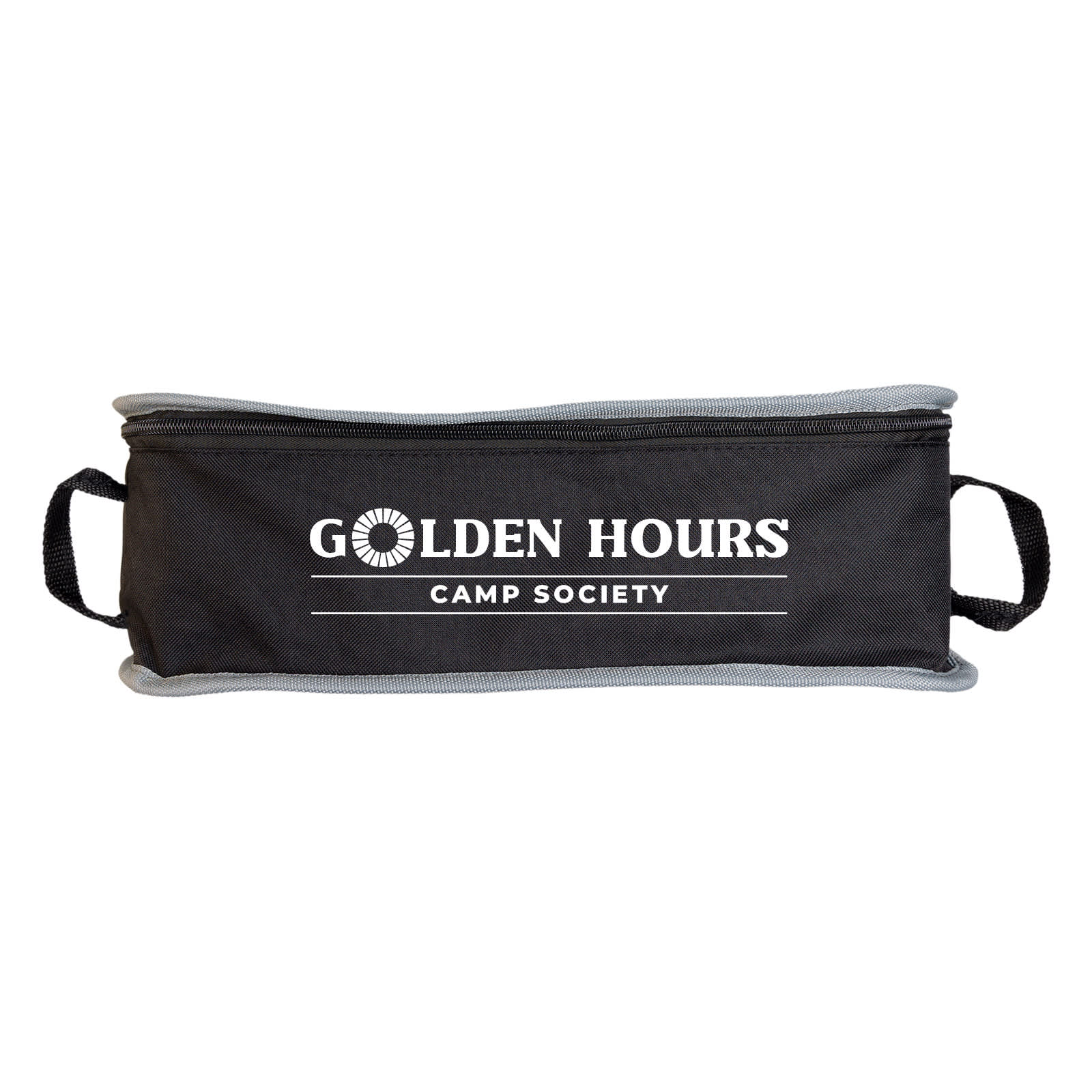 A black travel pouch with grey trim and handles, featuring a logo with the words "Golden Hours Camp Society."
