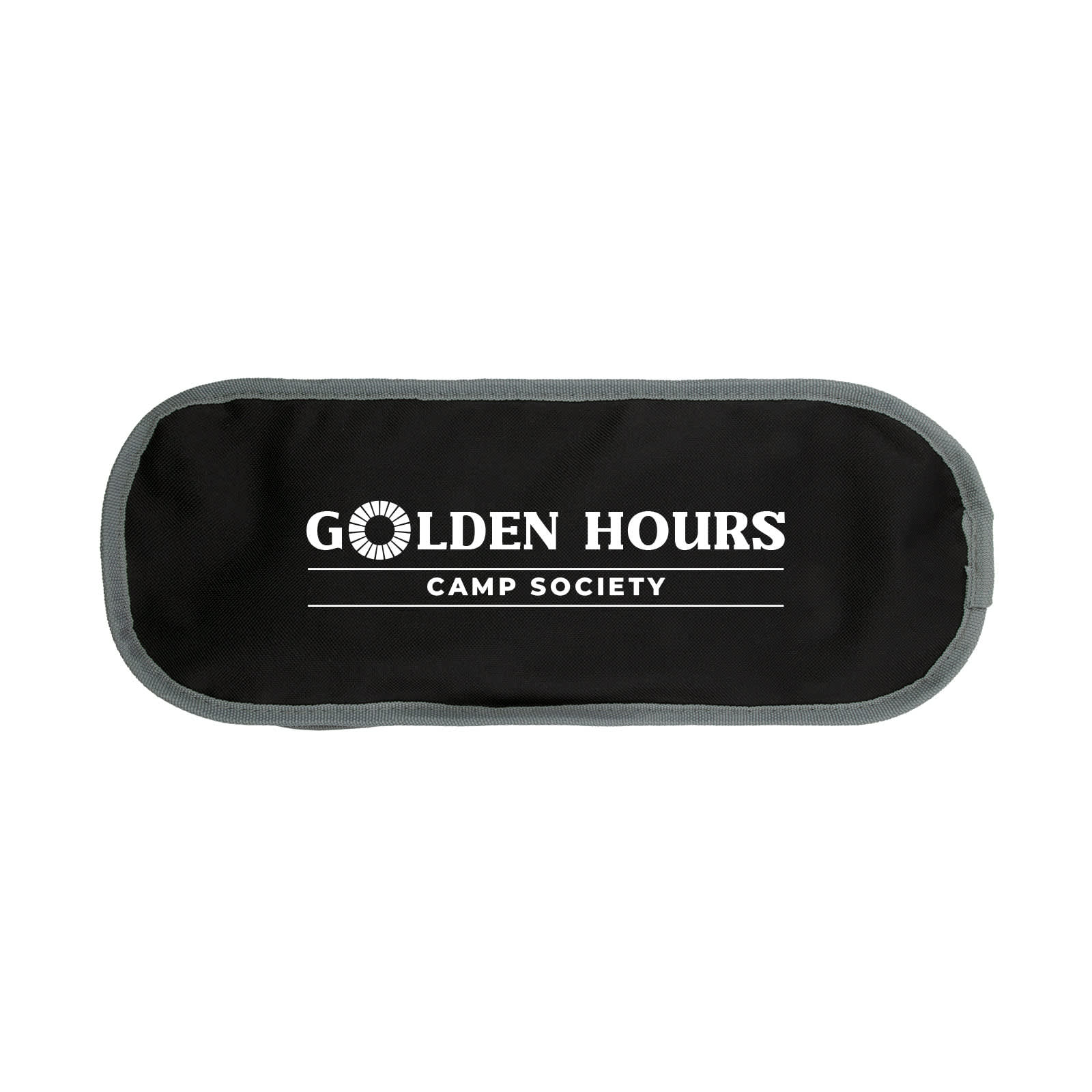 A black pouch with a grey trim, featuring a logo that reads "Golden Hours Camp Society."
