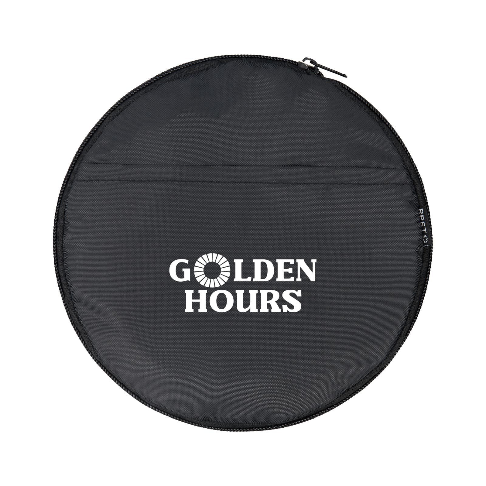 A round black zippered pouch with a logo and text on the front. The material appears durable and lightweight.