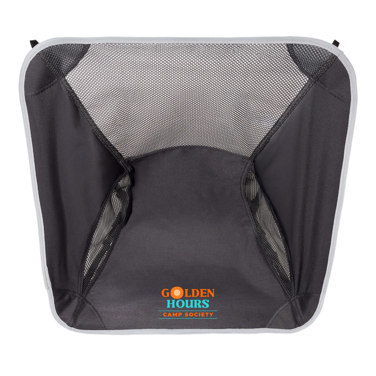 A collapsible camp chair in dark grey with mesh sides and a prominent logo at the centre.