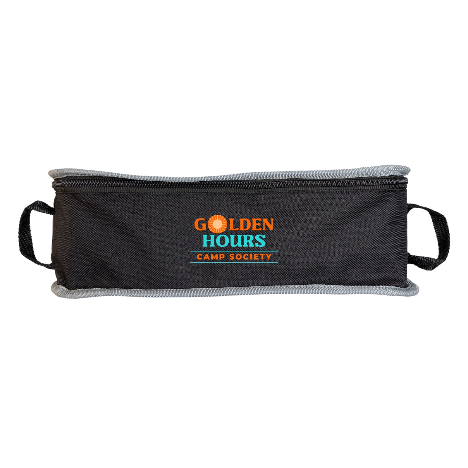 A black and grey rectangular storage pack with two handles and a logo on the front.