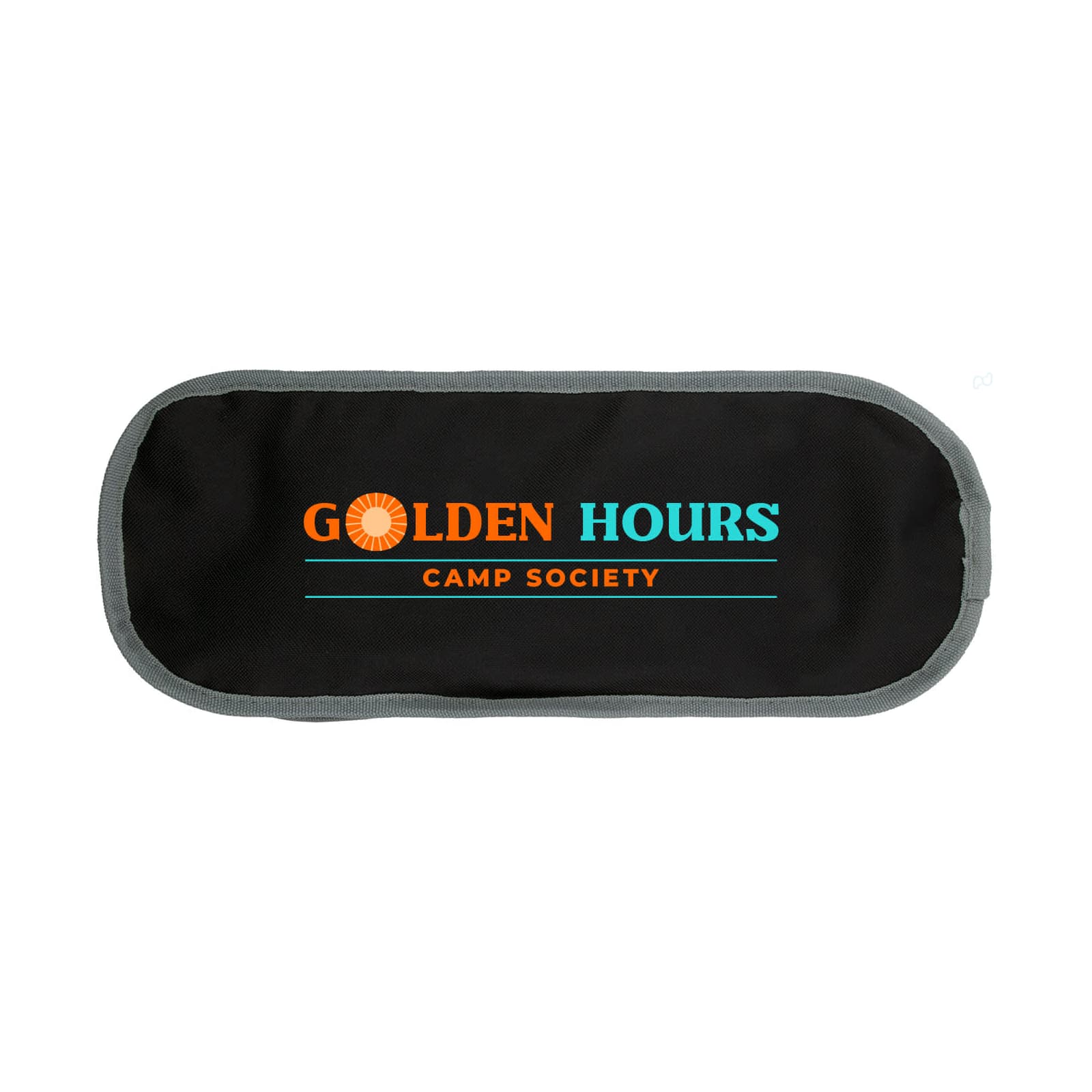 A black storage pack with a grey trim featuring a logo in orange and turquoise. Suitable for camping use.