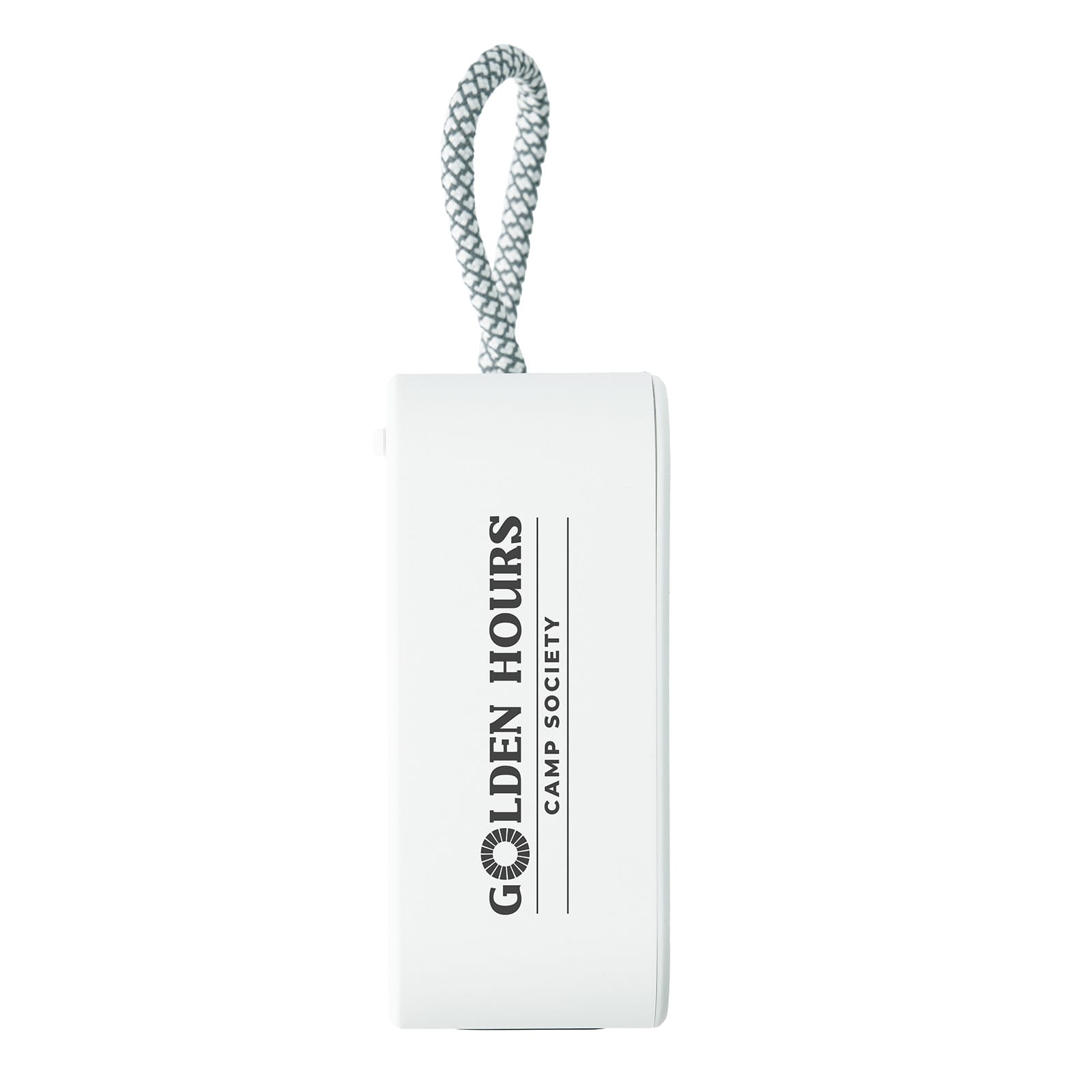 A white portable device with a grey strap, featuring a logo and text.