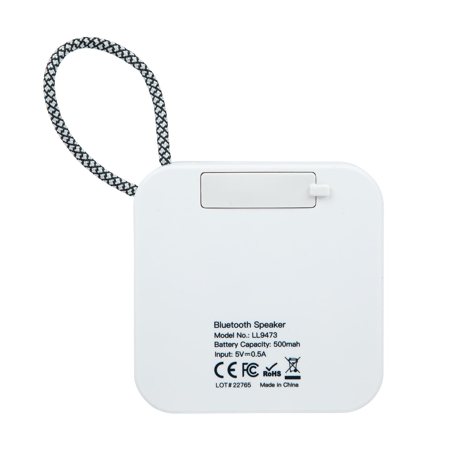 A square white Bluetooth speaker with a hanging strap and a small compartment on the back for battery access.