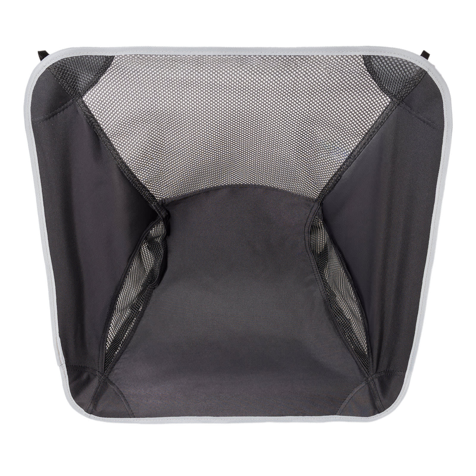 A collapsible black mesh storage basket with a square shape and a grey trim, featuring open sides for ventilation.
