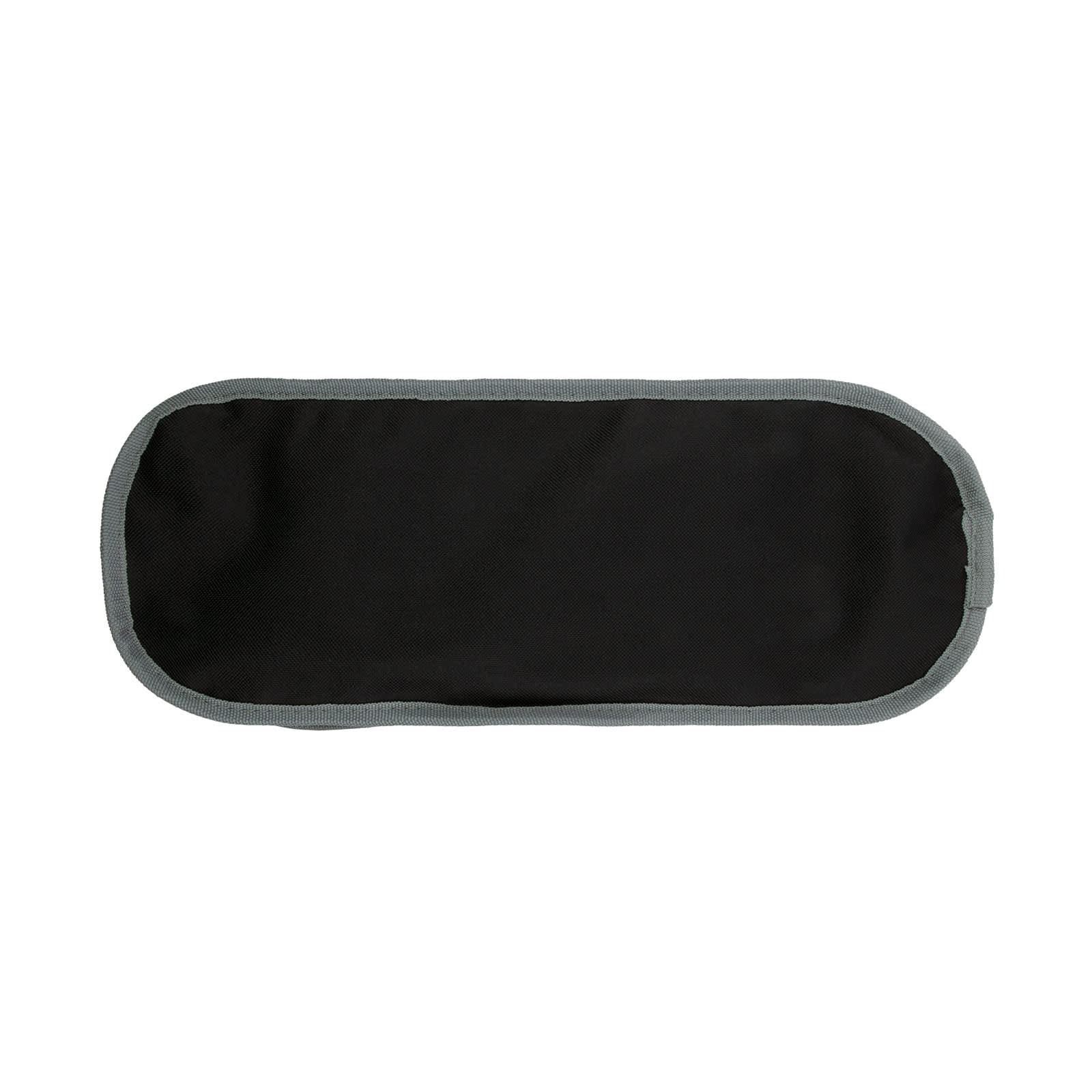 A black and grey zippered pouch with an oval shape and no visible branding.