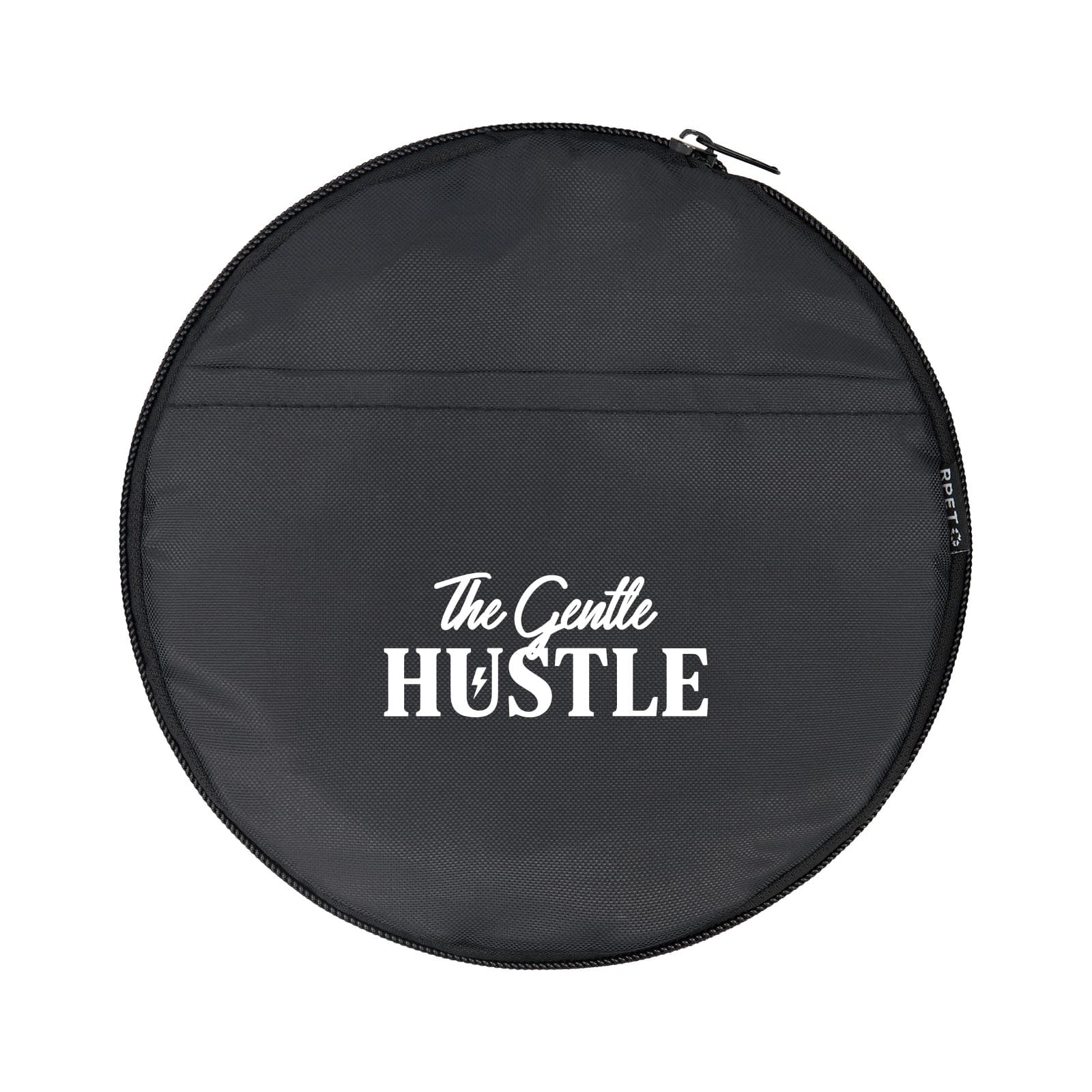 A round black bag with a zip, featuring a logo and the words "The Gentle Hustle" in white.