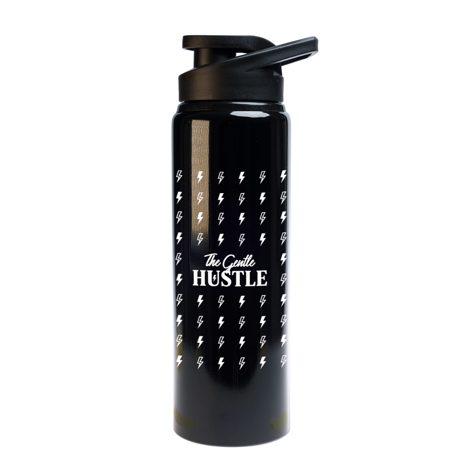 A black drink bottle featuring a logo and a pattern of lightning bolts, with the words "The Gentle Hustle."