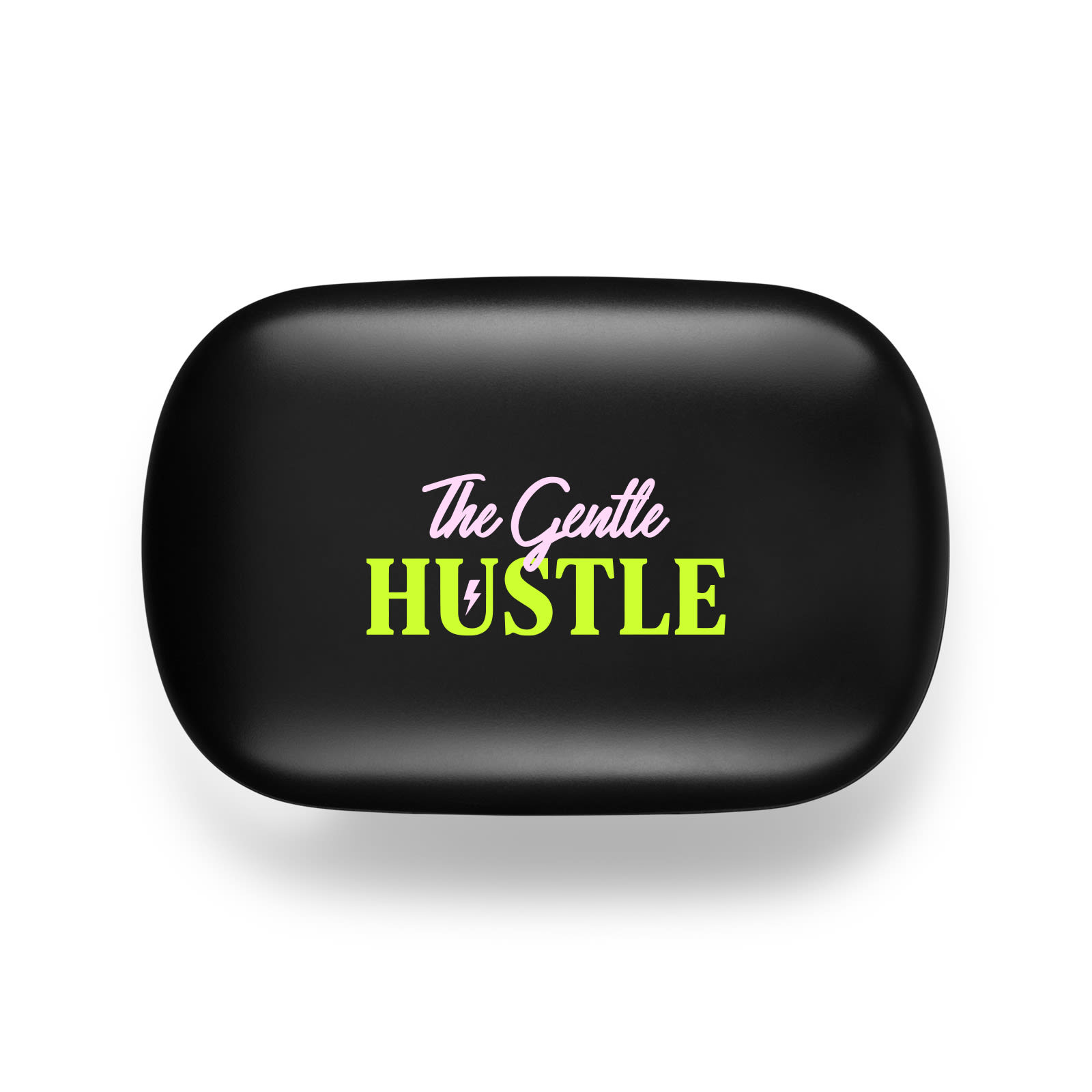 A black promotional product with a vibrant logo featuring the words "The Gentle Hustle" in pink and green.