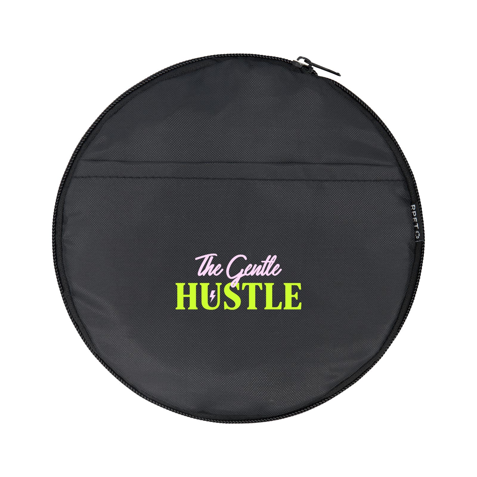 A round black bag with a zip closure, featuring a colourful logo that includes the words "The Gentle Hustle."