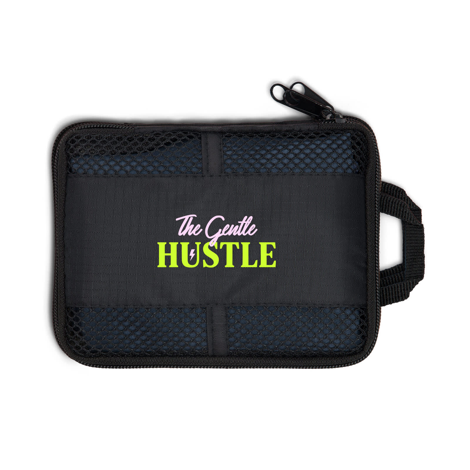 A black zipped pouch featuring a mesh pocket and a logo. It has a handle for easy carrying.