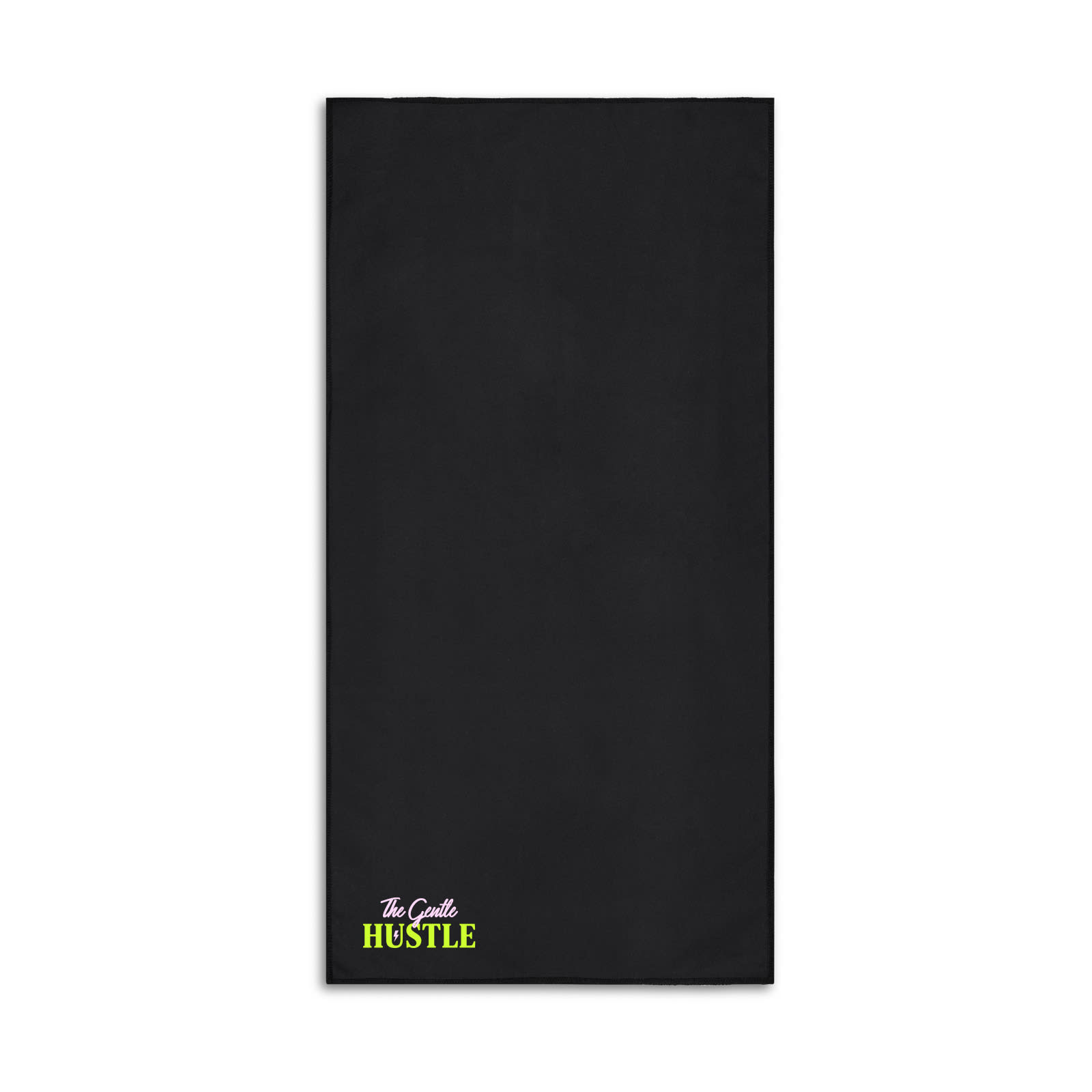 A black towel featuring a logo in vibrant green at the bottom. Ideal for gym or sports use.
