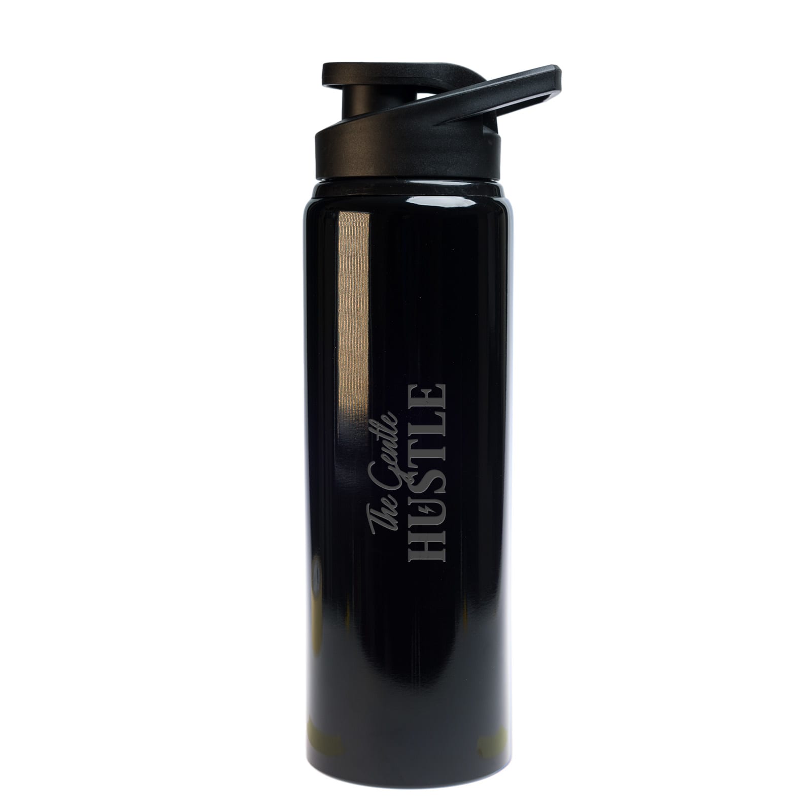 A black drink bottle with a flip-top lid, featuring a logo and the word "HUSTLE".