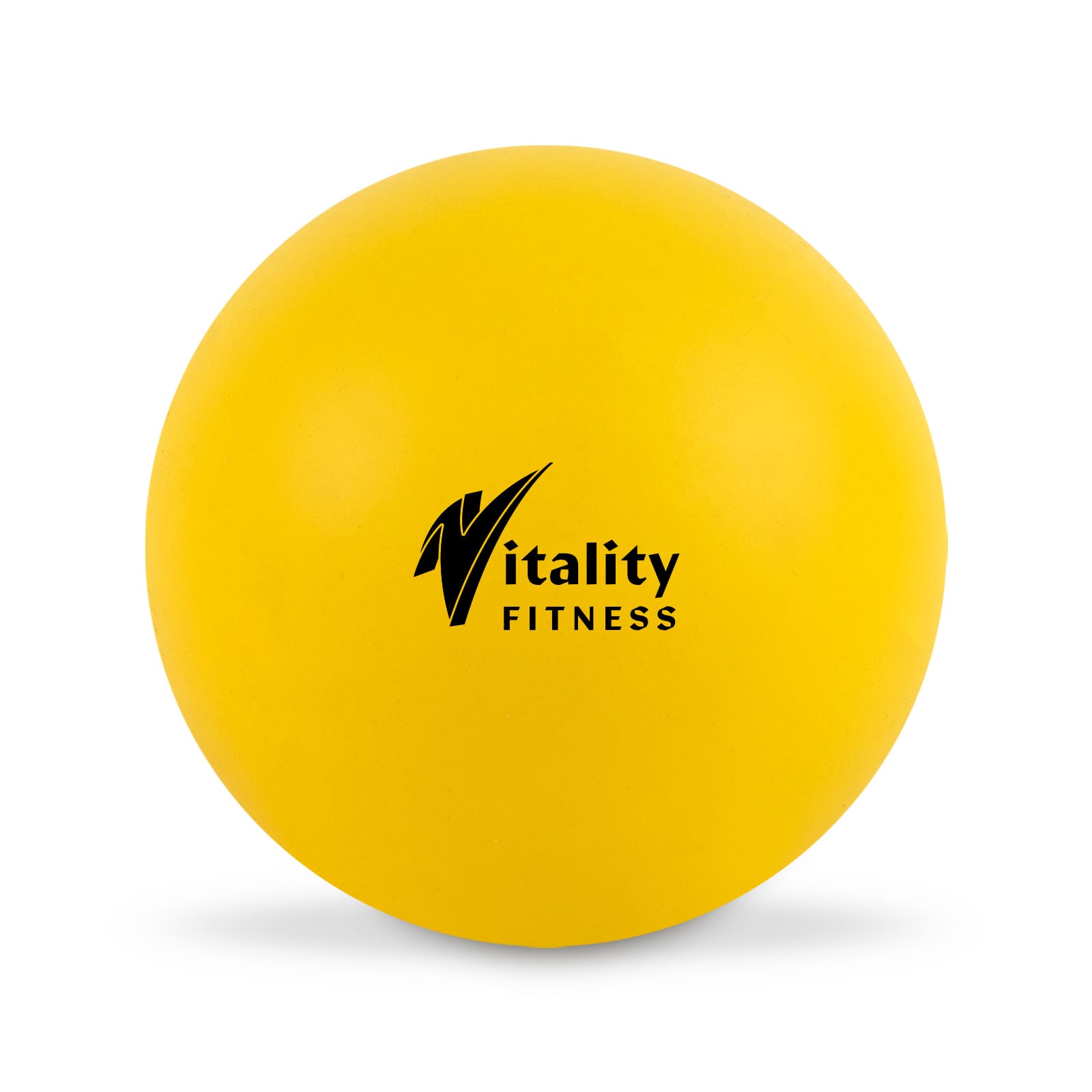 A yellow exercise ball with a logo in black, featuring a smooth, round surface.