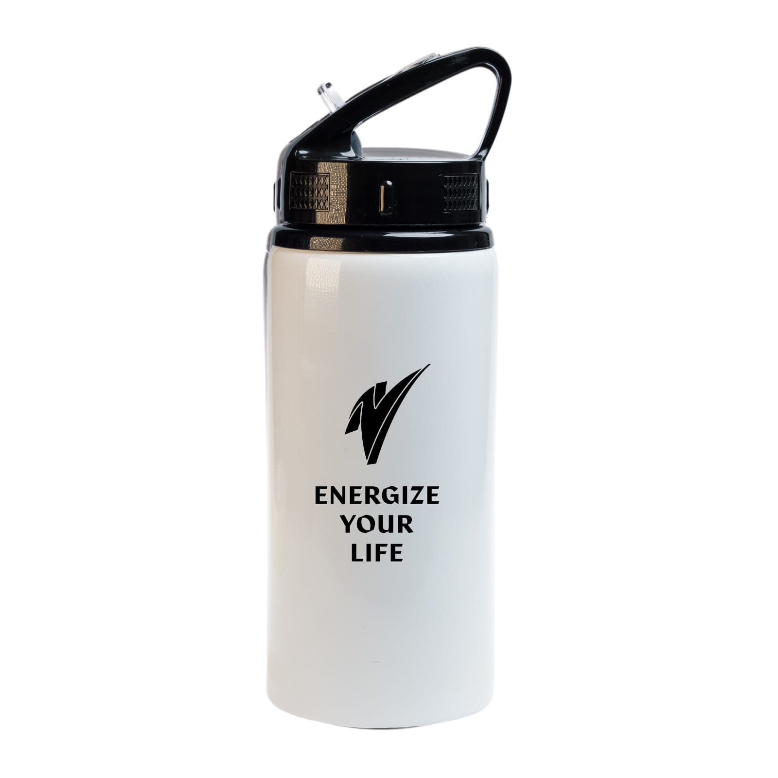 A drink bottle in white with a black lid and handle, featuring a logo and motivational text.