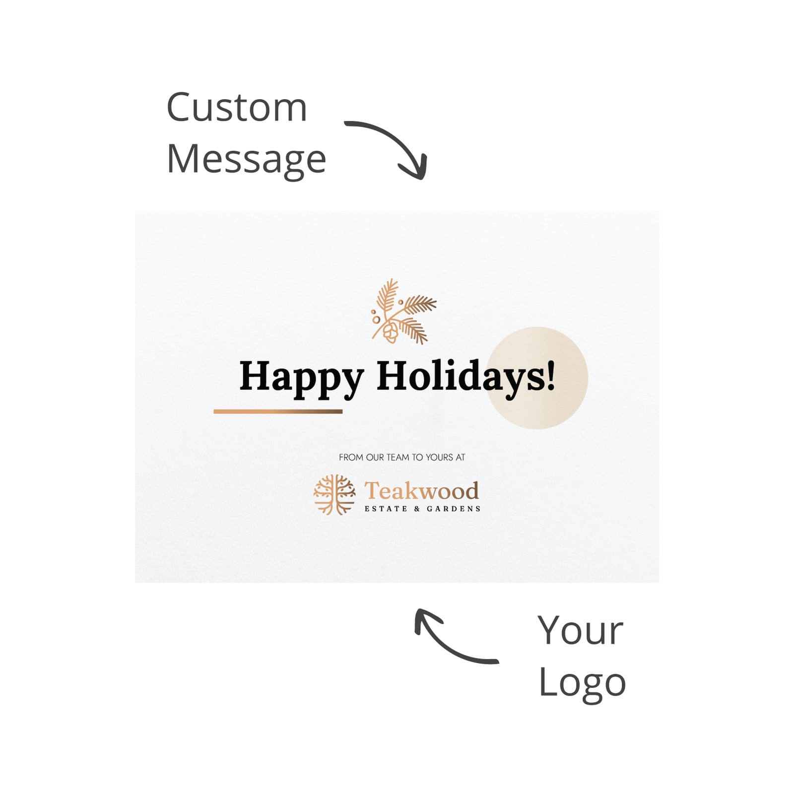 A festive card with a light background featuring holiday greetings and space for a custom message and logo.