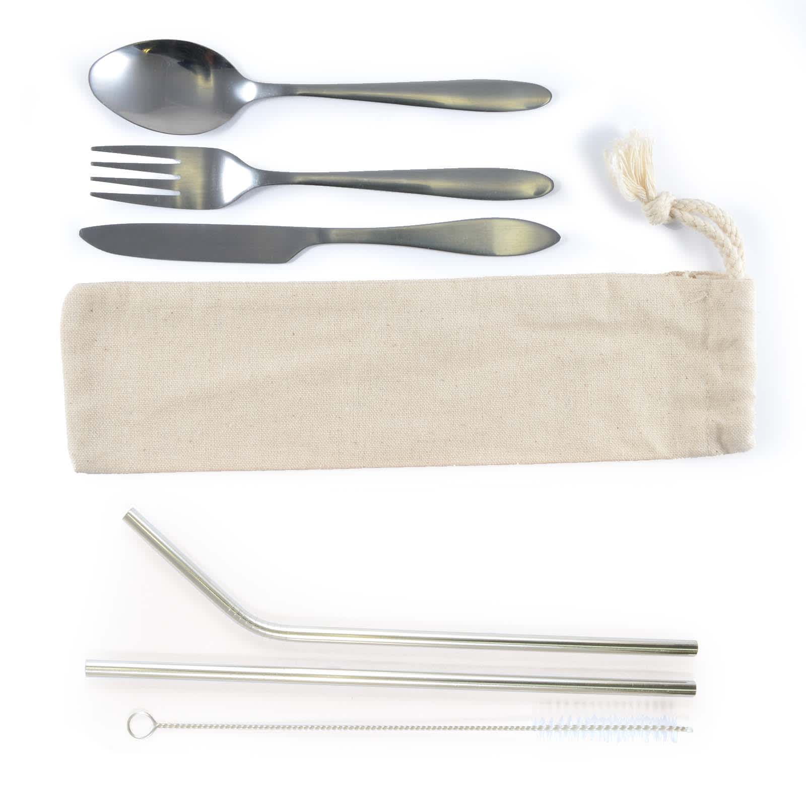 Banquet Stainless Steel Cutlery & Straw Set in Calico Pouch - LL8800 Image