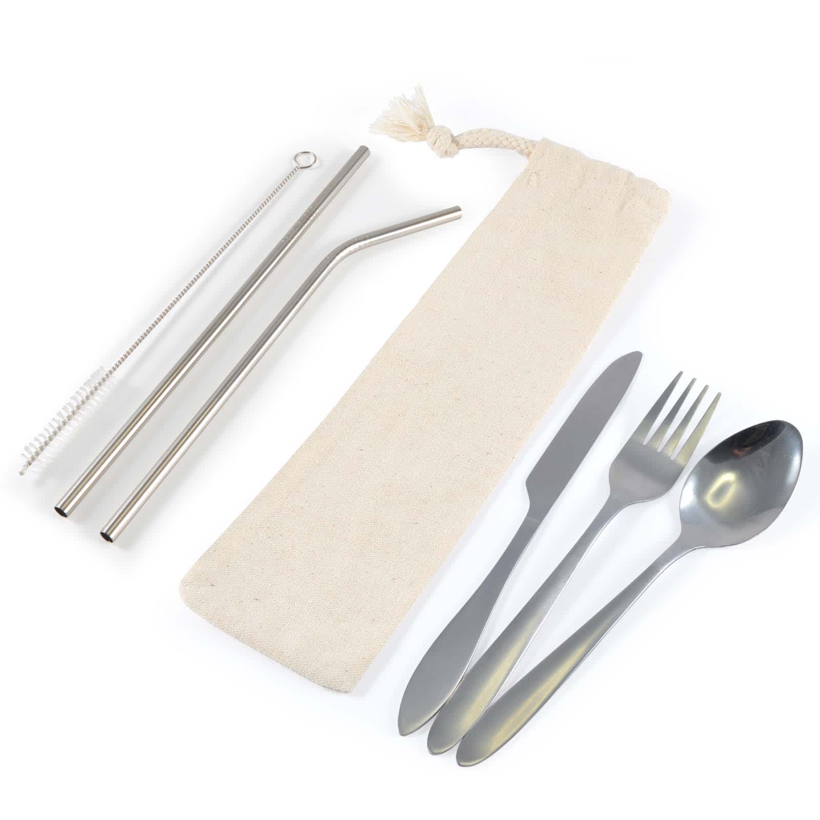 Banquet Stainless Steel Cutlery & Straw Set in Calico Pouch - LL8800 Image Natural