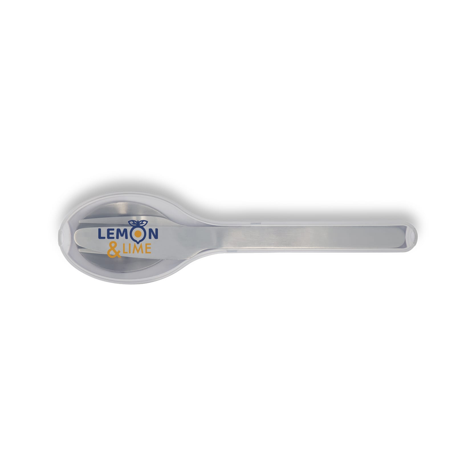 A stainless steel spoon with a colourful logo featuring "Lemon & Lime." The spoon has a sleek design.