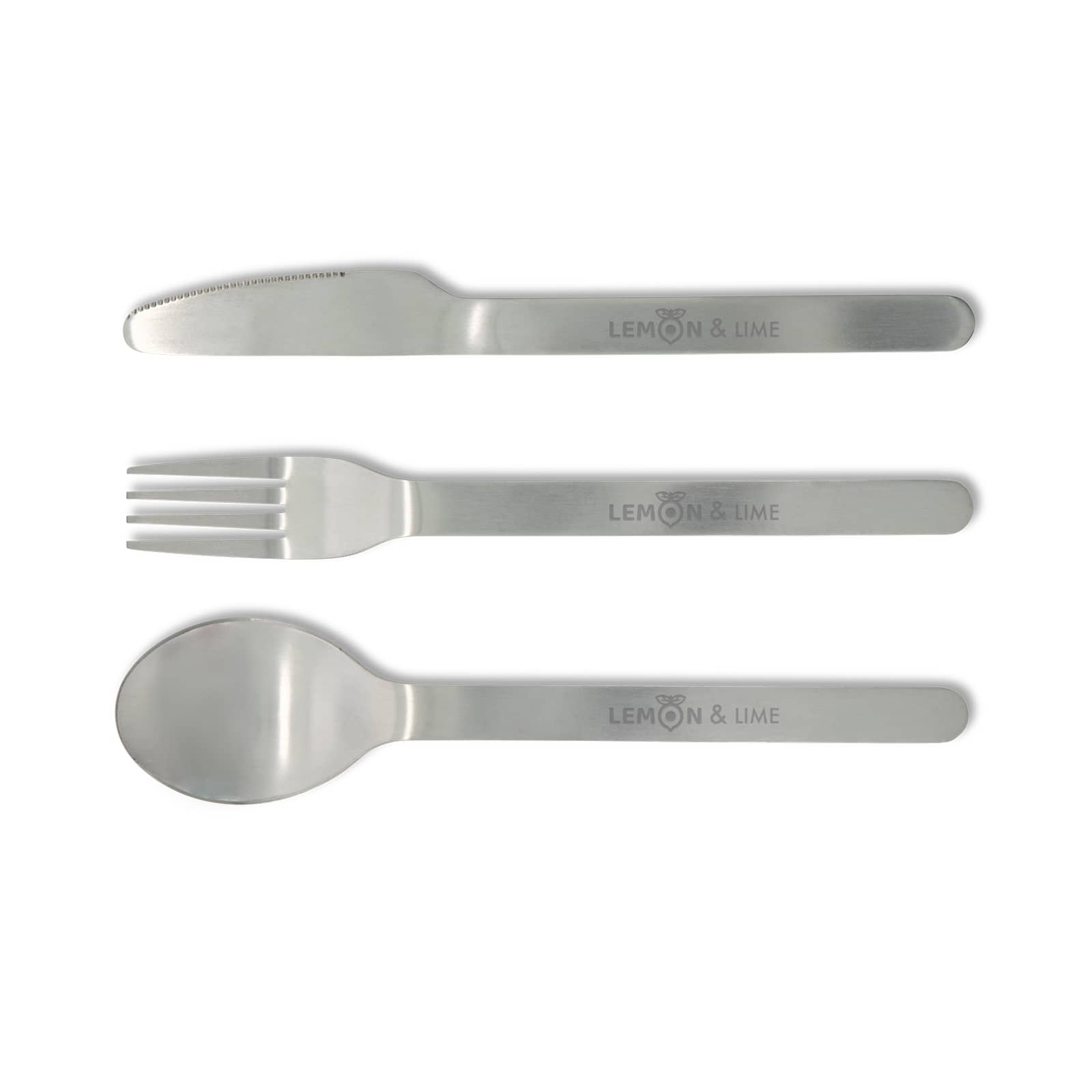 A stainless steel cutlery set featuring a knife, fork, and spoon with a logo.