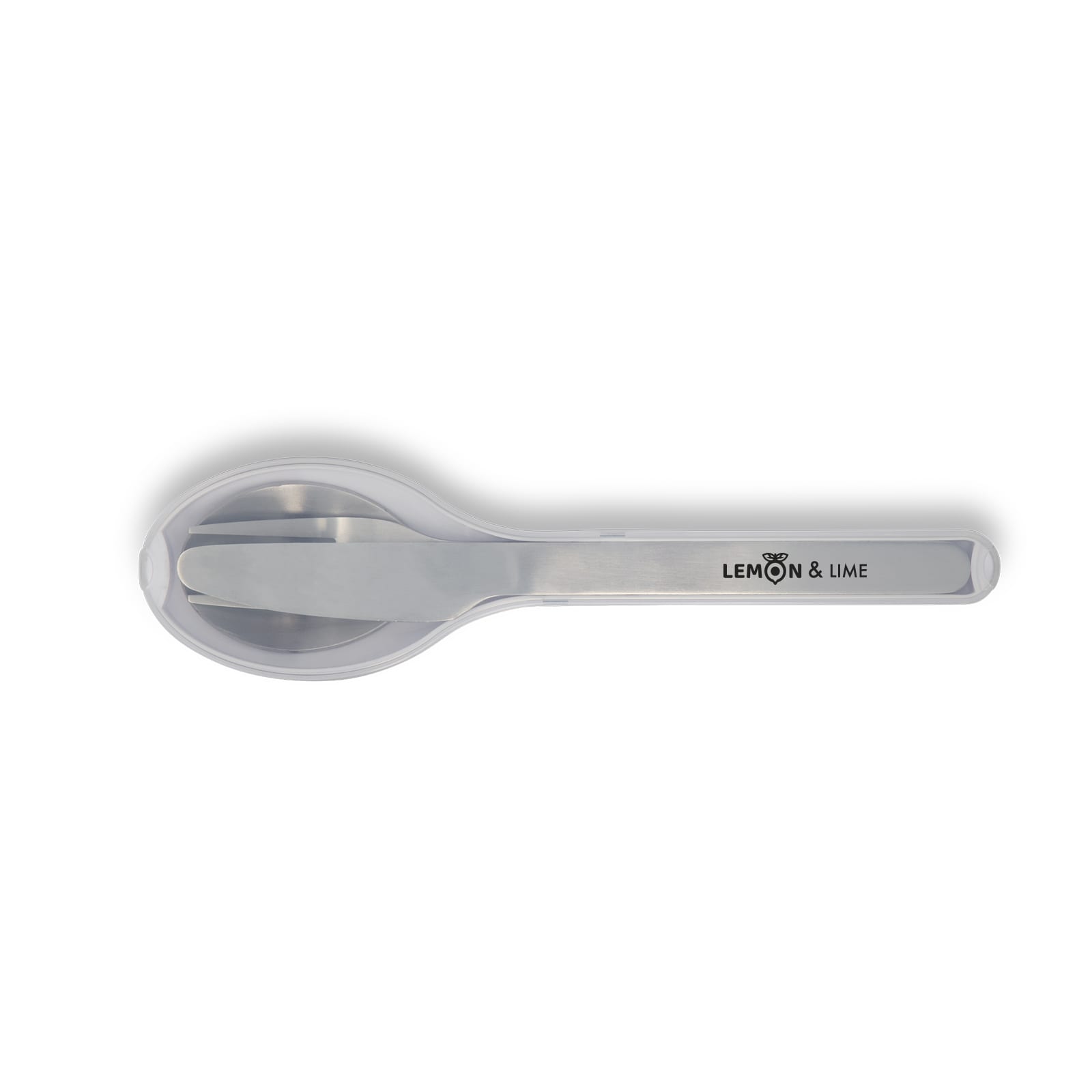 A silver spoon with a smooth, rounded head, featuring a logo and a sleek, modern design.